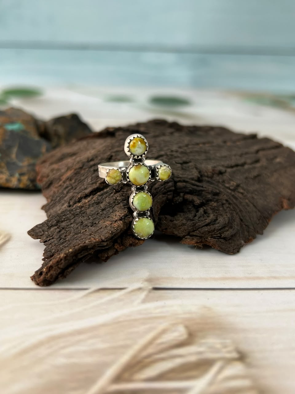 Handmade Sterling Silver Palomino Turquoise Cross Adjustable Ring Signed Nizhoni