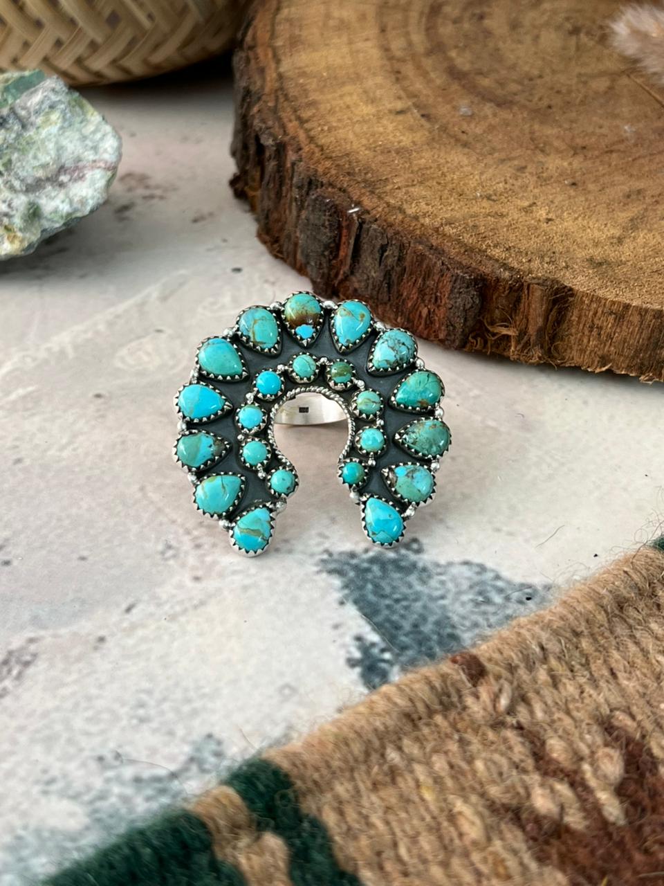 Handmade Sterling Silver Kingman Turquoise Adjustable Naja Ring Signed Nizhoni