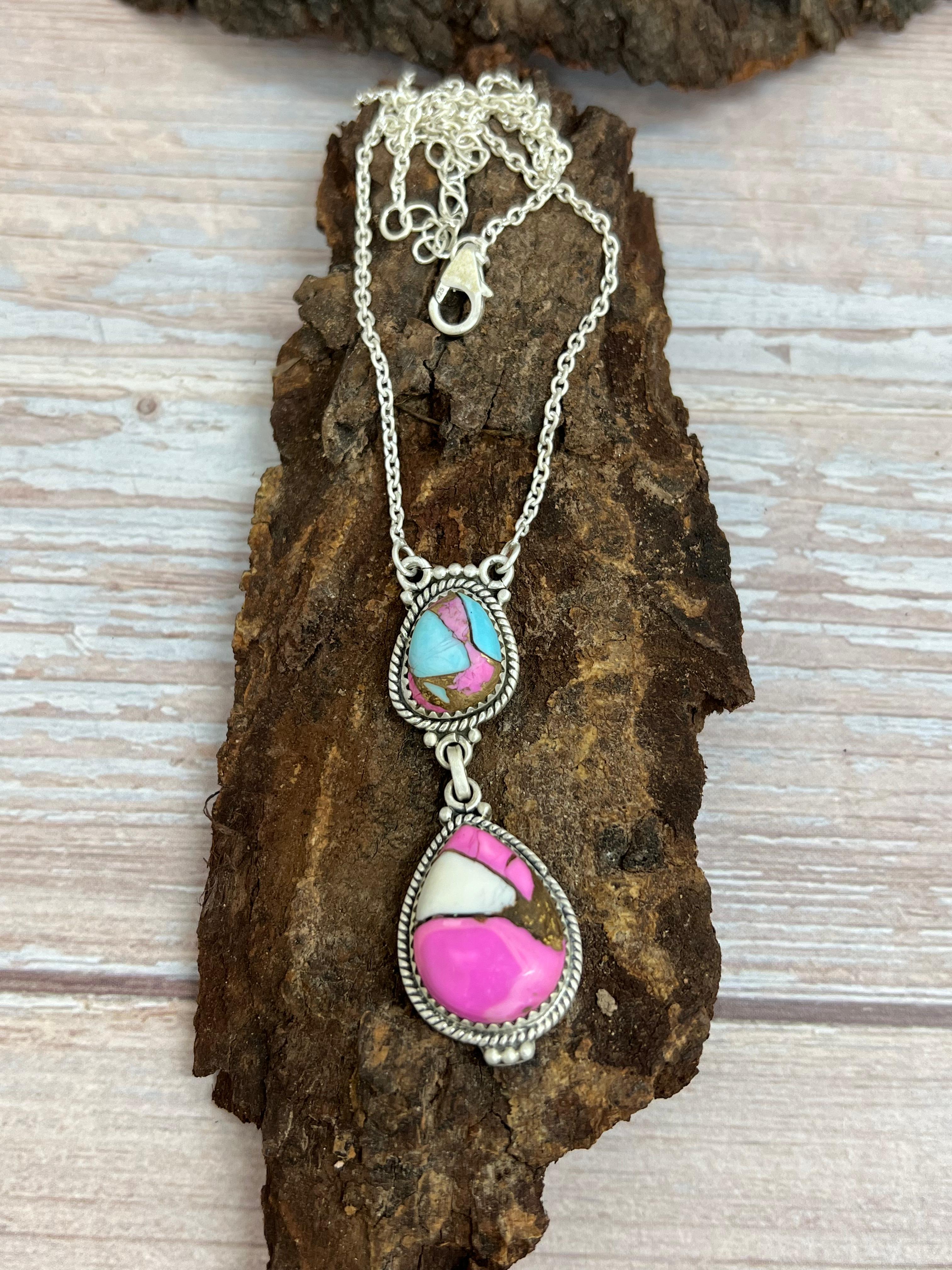 Handmade Sterling Silver Cotton Candy Turquoise Necklace with Signed Nizhoni