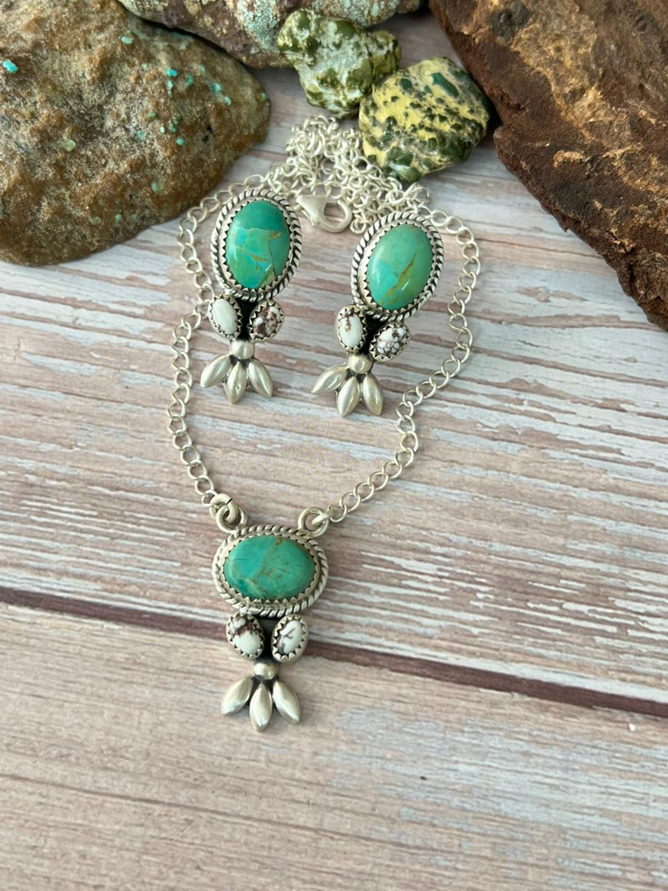 Handmade Sterling Silver Wild Horse Magnesite With Kingman Turquoise Necklace Earrings Set with Signed Nizhoni (6)