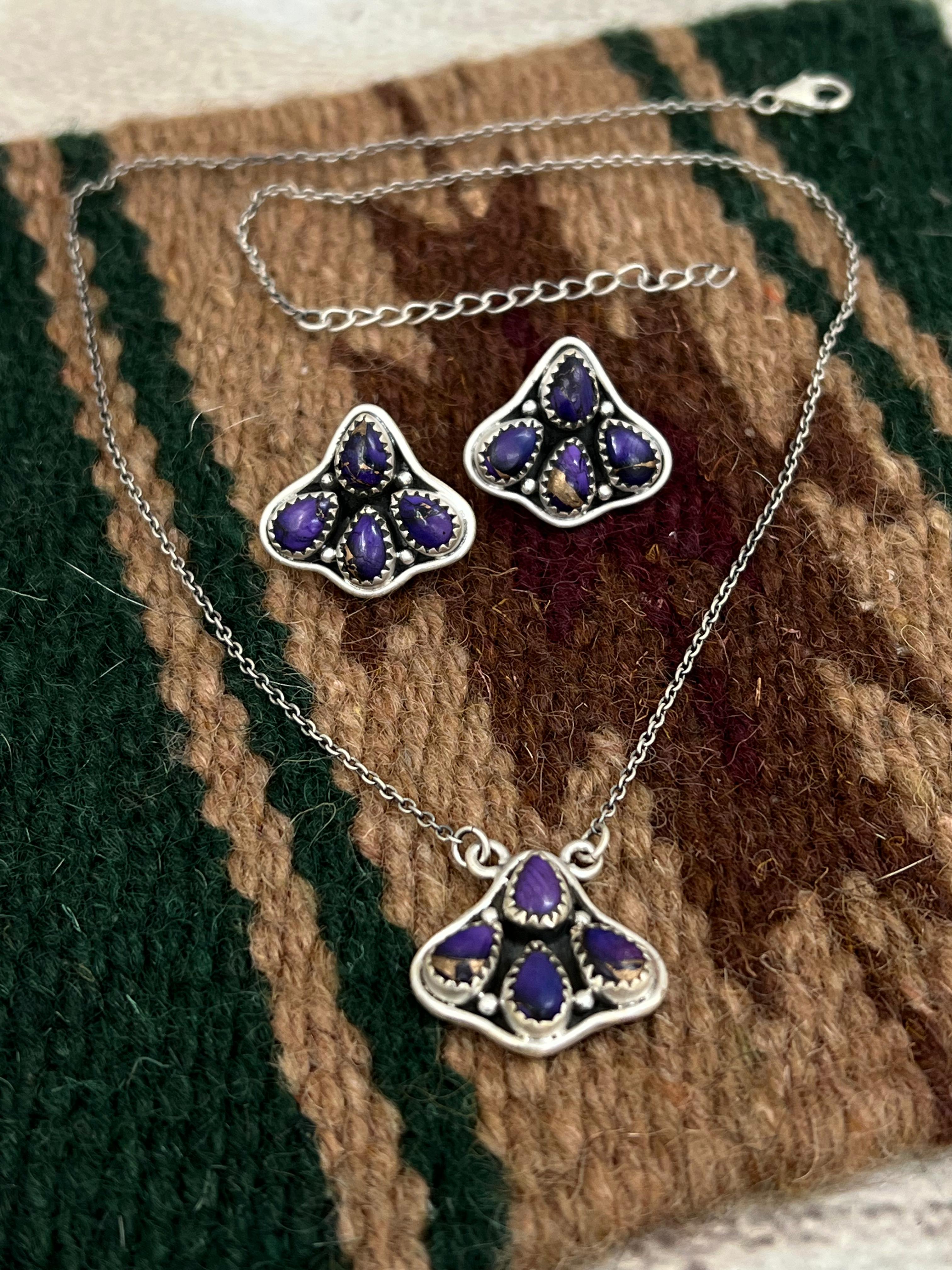 Handmade Sterling Silver Grape Dahlia Necklace Earrings Set, Signed Nizhoni