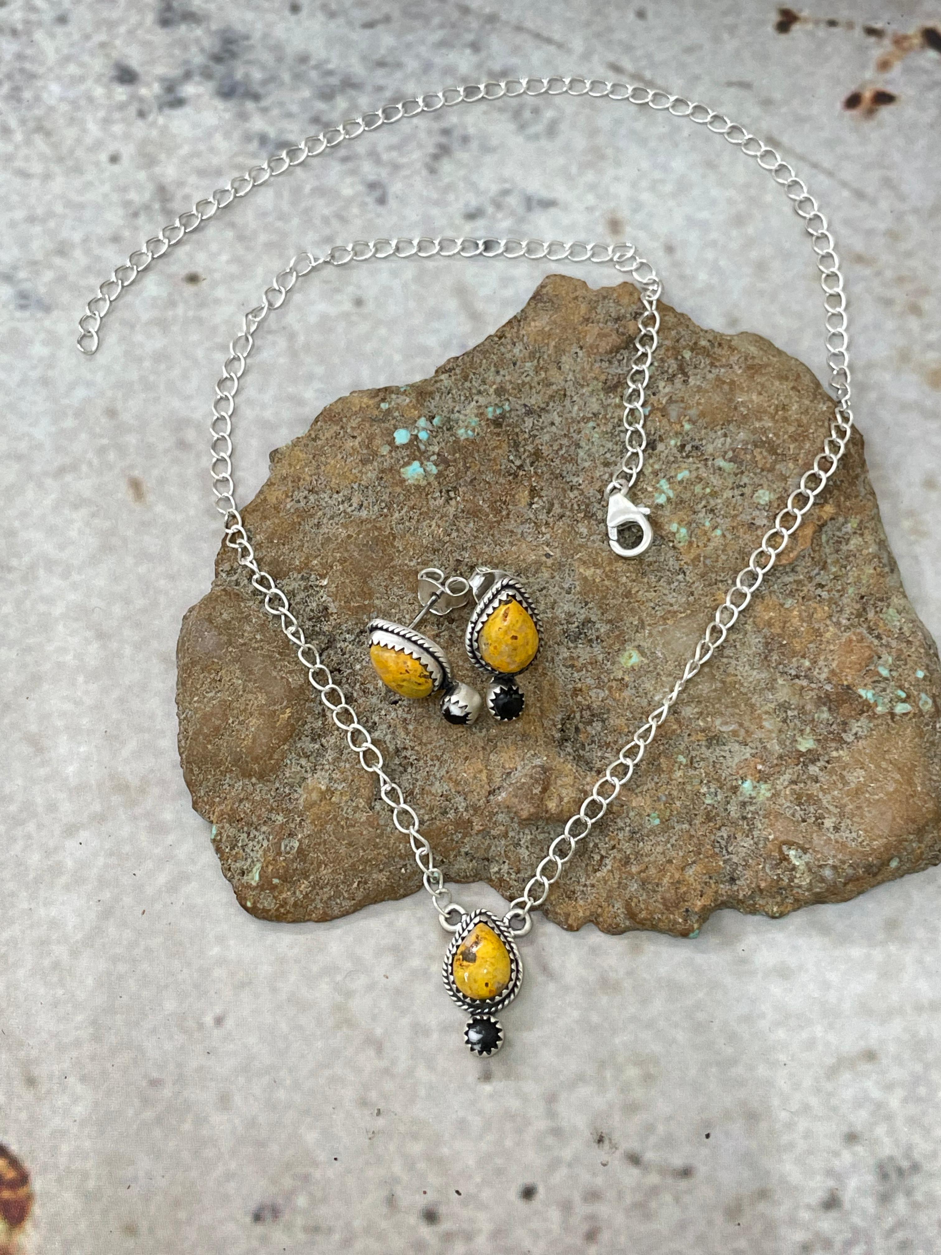 "Halloween Collection" Handmade Sterling Silver Black Onyx, Bumblebee Necklace Earring Set, Signed Nizhoni