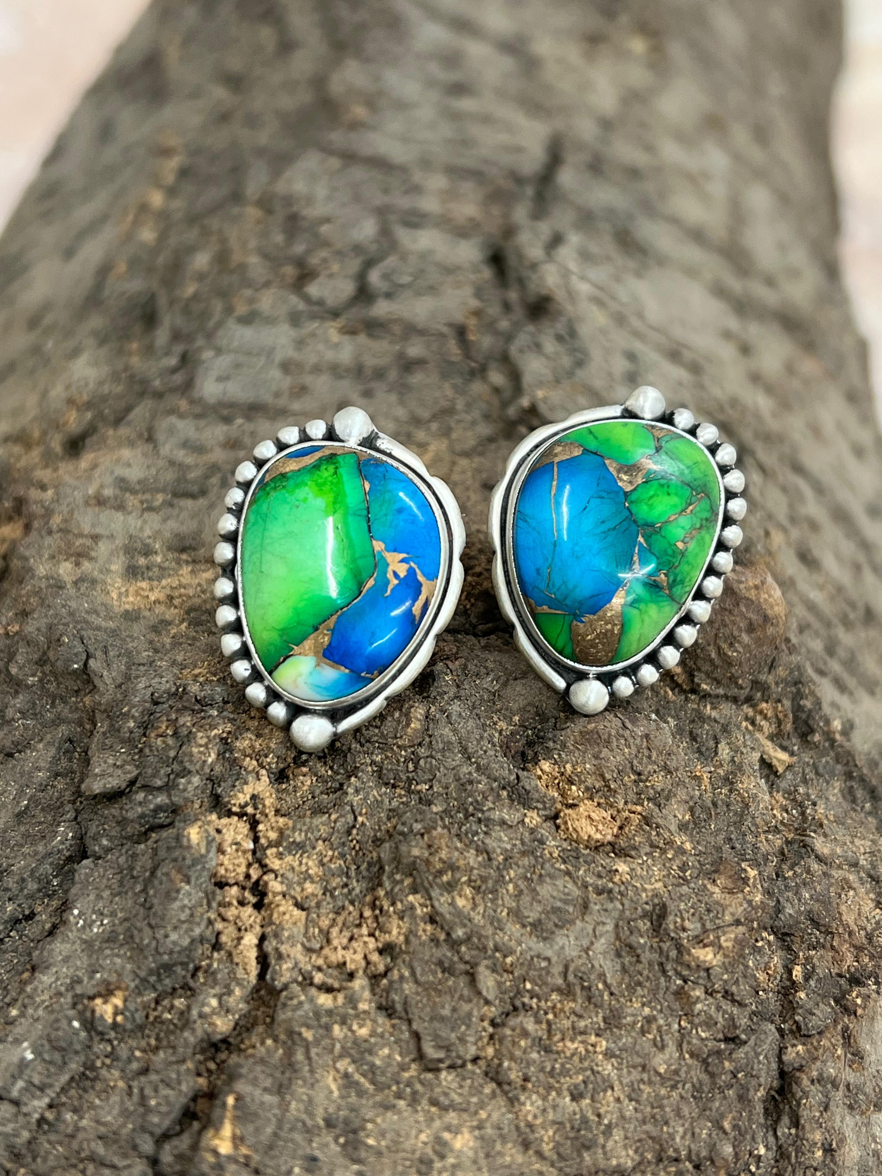 Handmade Sterling Silver Peacock Dahlia Post Earrings with Signed Nizhoni