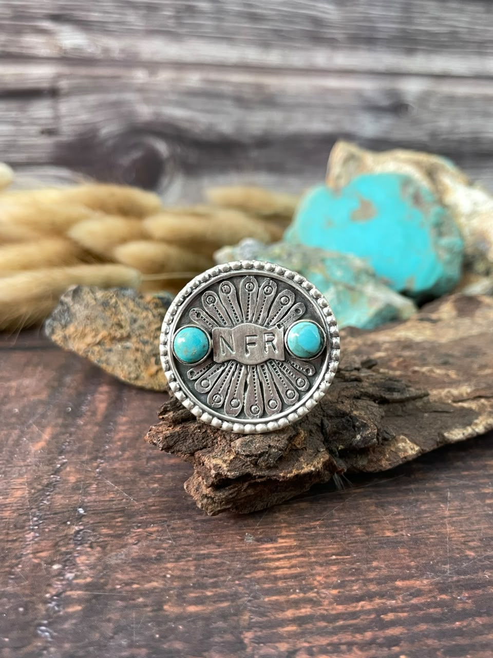 Handmade Sterling Silver Kingman Turquoise NFR Collection: Adjustable Ring Signed Nizhoni