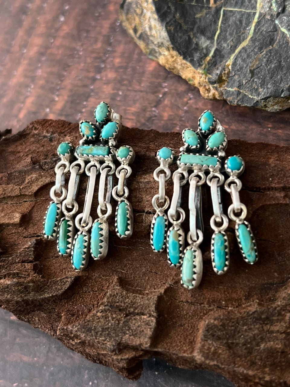 Handmade Sterling Silver Kingman Turquoise Post Dangle Earrings Signed Nizhoni
