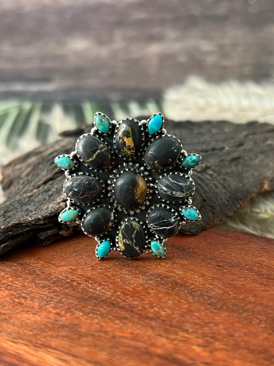 Handmade Sterling Silver Blackjack with Kingman Turquoise Adjustable Ring "Signed Nizhoni"