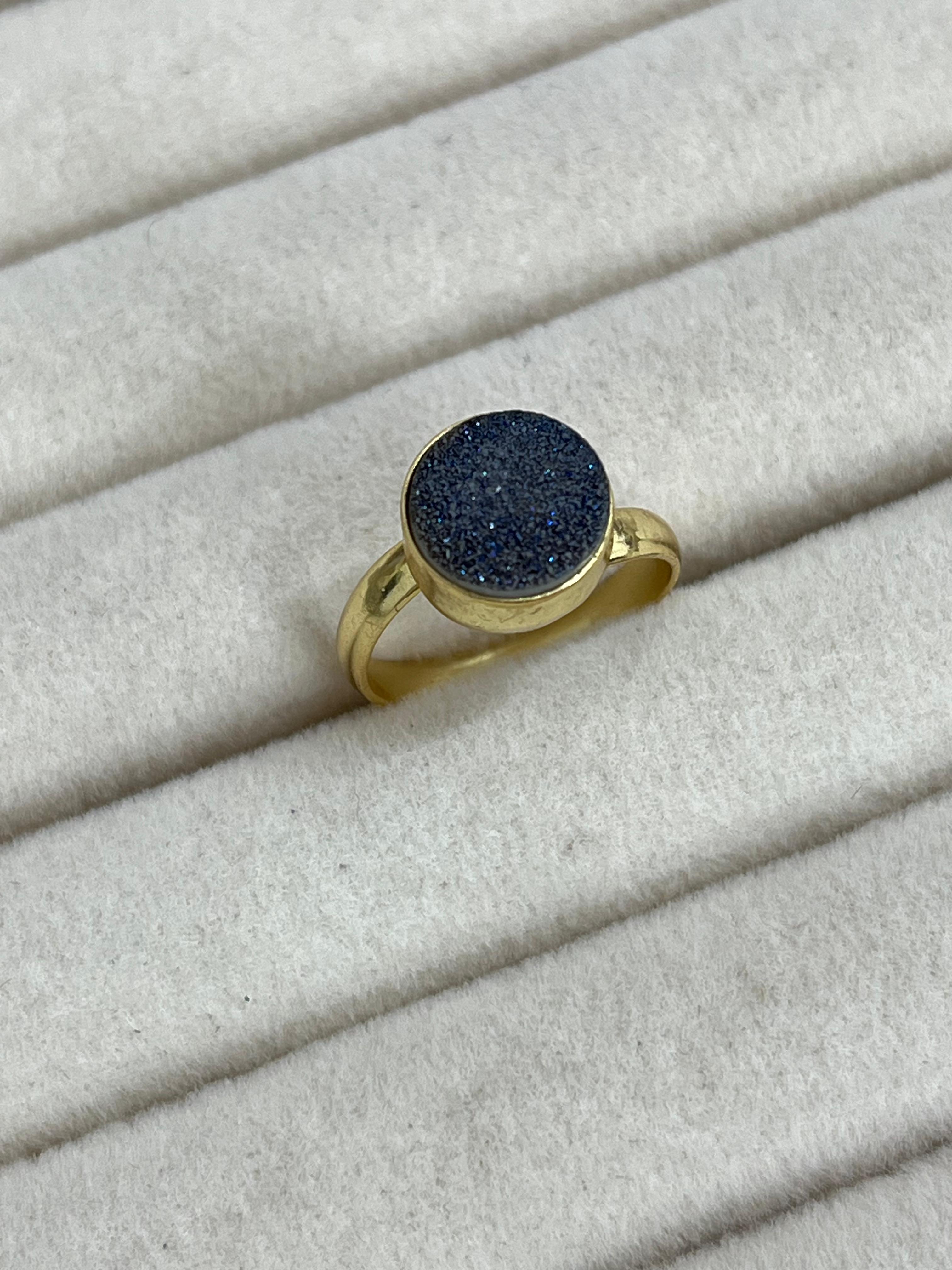 “The Boho Collection” Handmade Blue Circle Druzy Adjustable Ring Signed Nizhoni
