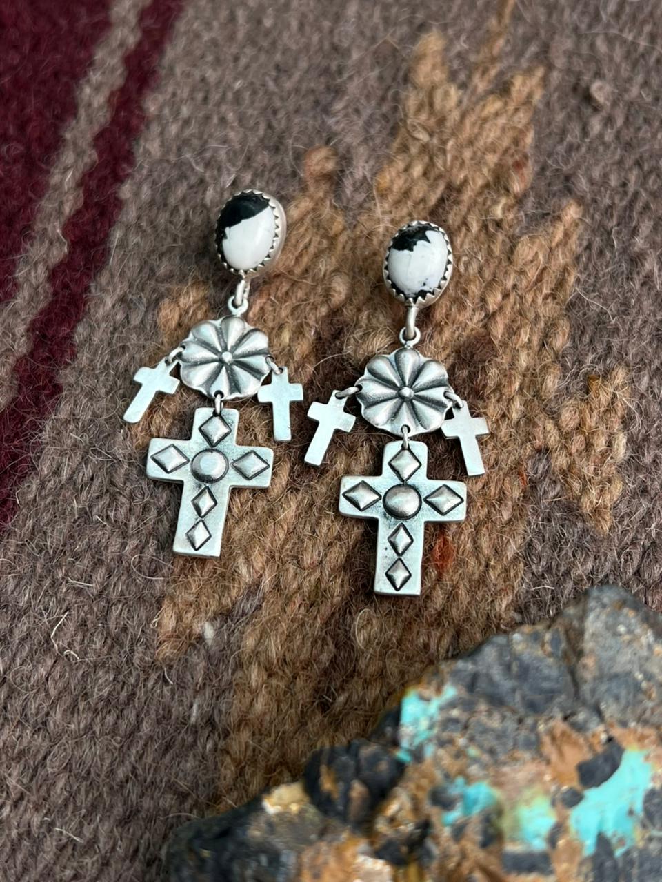 Handmade Sterling Silver White Buffalo Post Earrings "Signed Nizhoni"