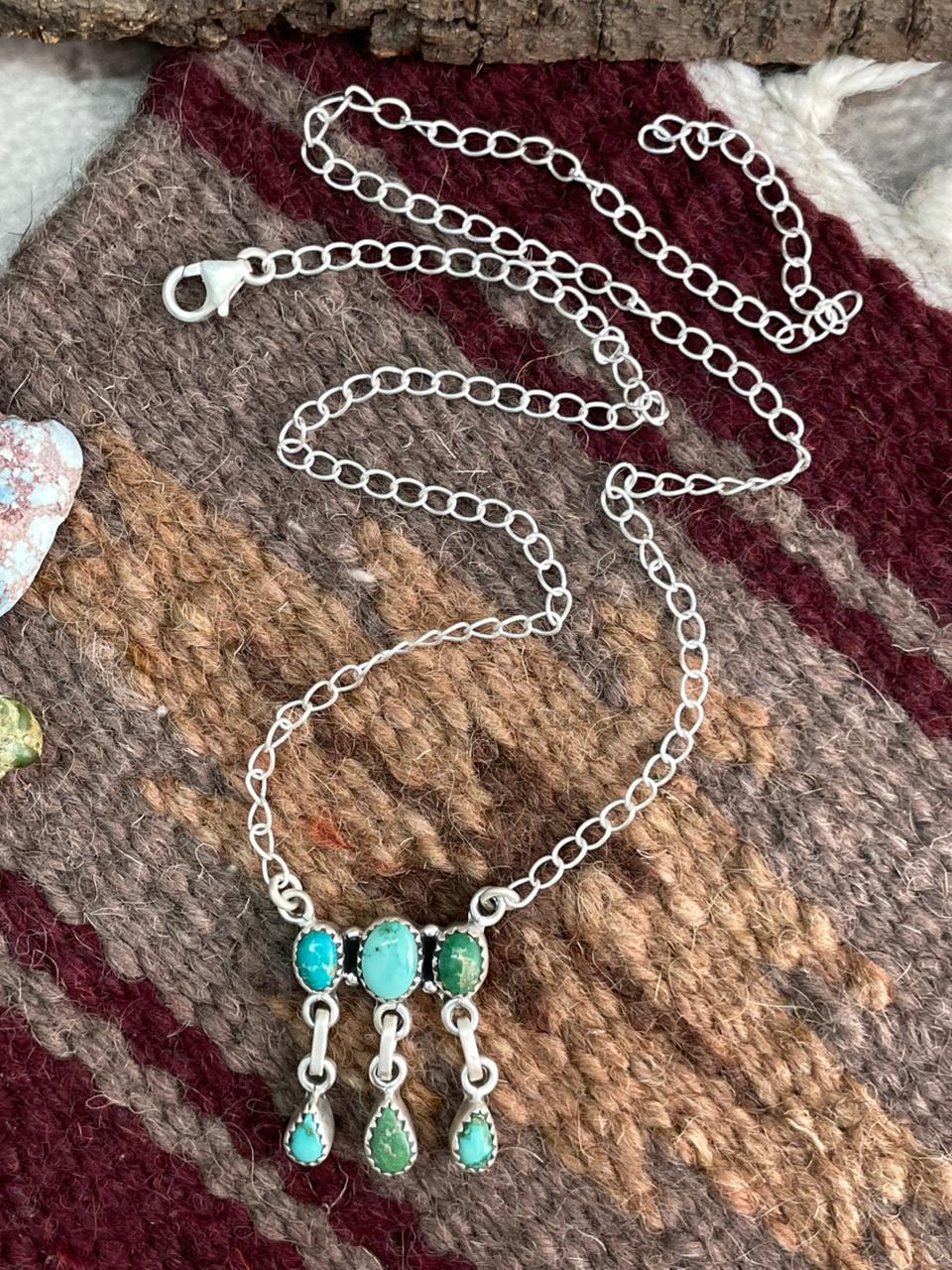 Handmade Sterling Silver Emerald Valley Turquoise Necklace "Signed Nizhoni"