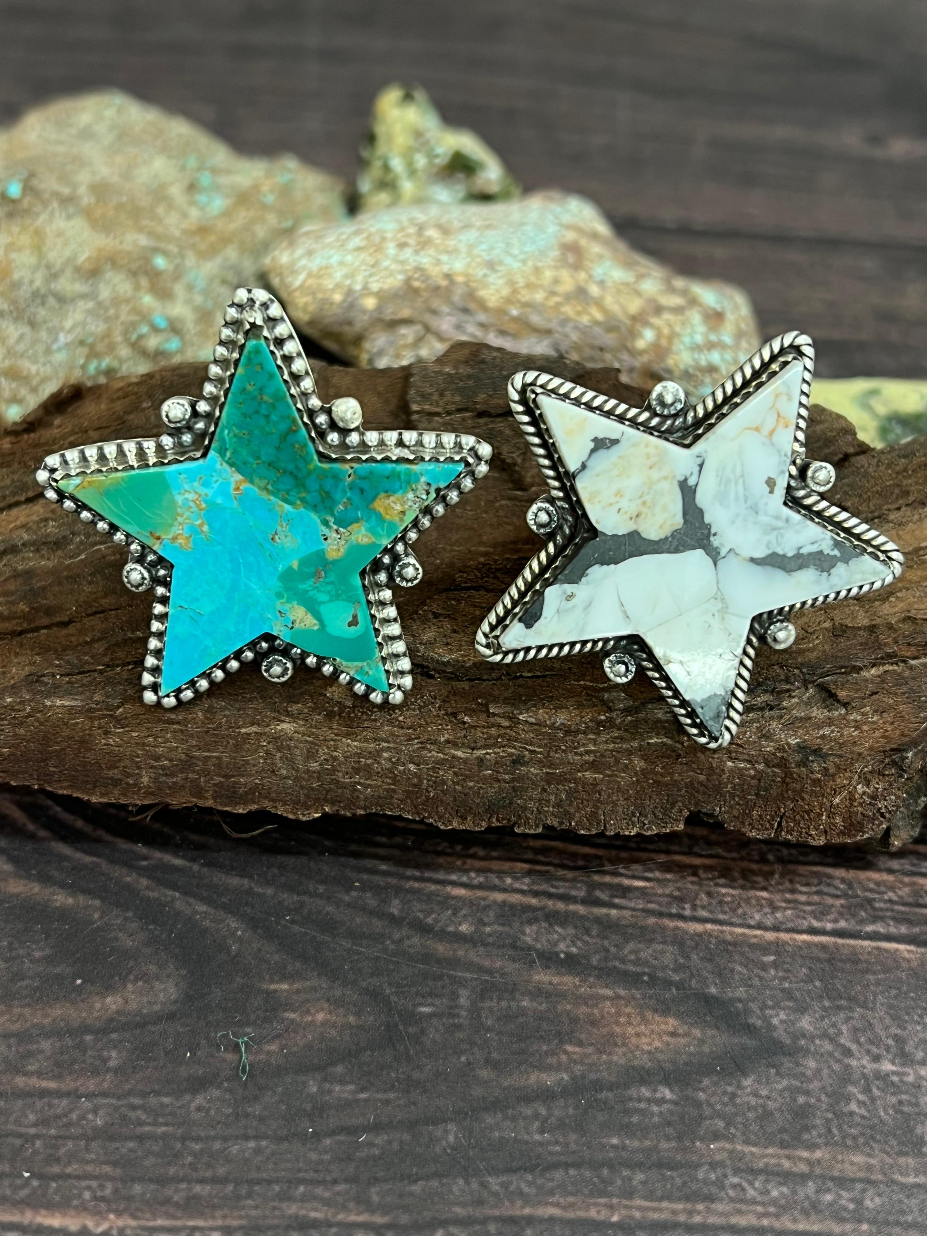 Handmade Sterling Silver White Buffalo, Kingman Turquoise Star Adjustable Ring, Signed Nizhoni (1)
