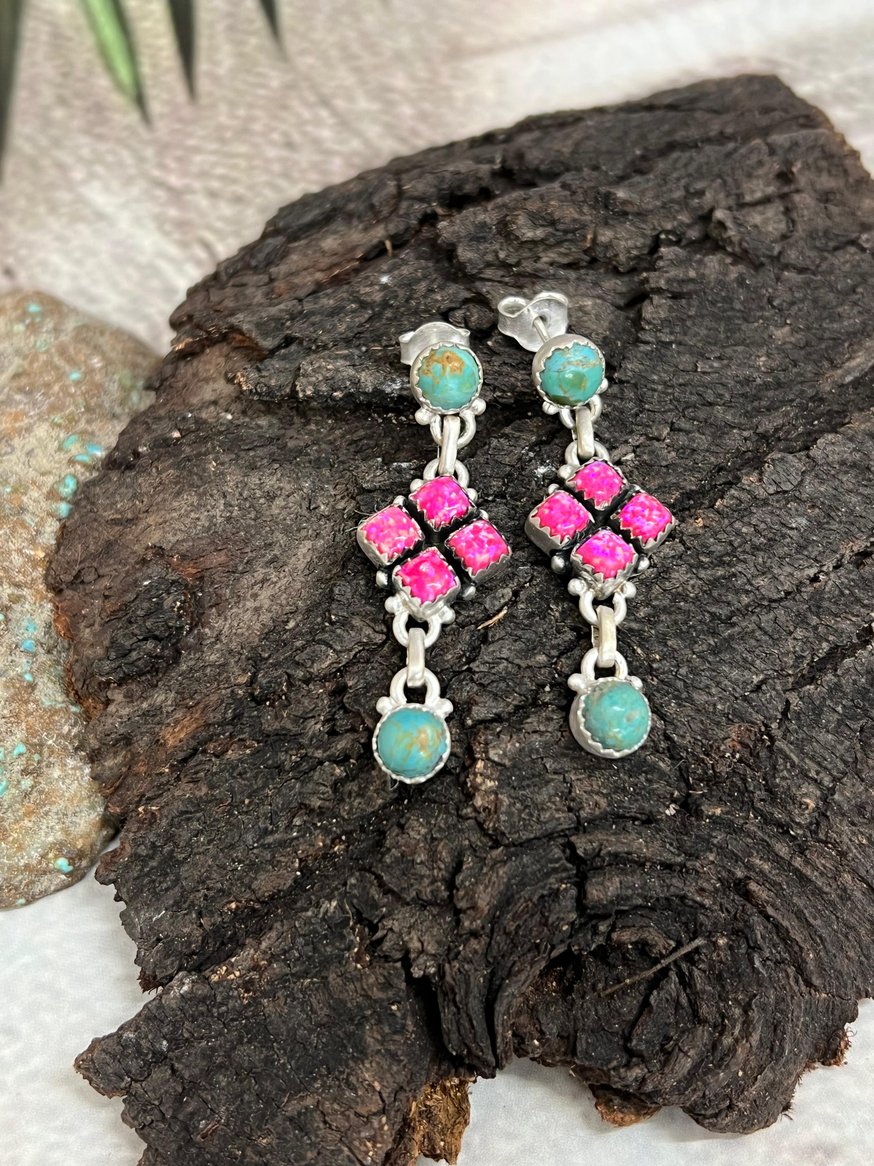 Handmade Sterling Silver Hot Pink with Kingman Turquoise Post Dangle Earrings, Signed Nizhoni (5)