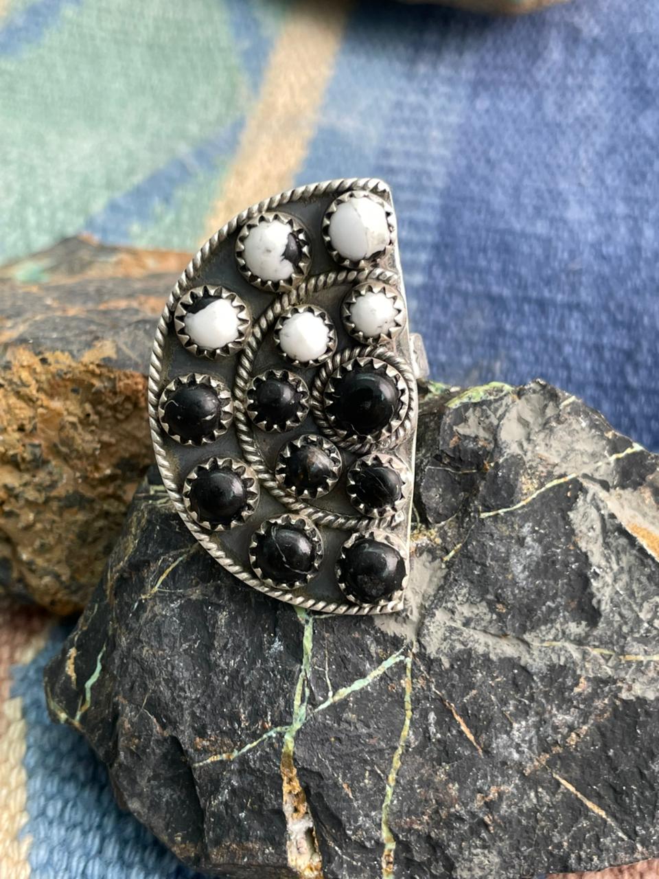 Handmade Sterling Silver White Buffalo Adjustable Ring "Signed Nizhoni"