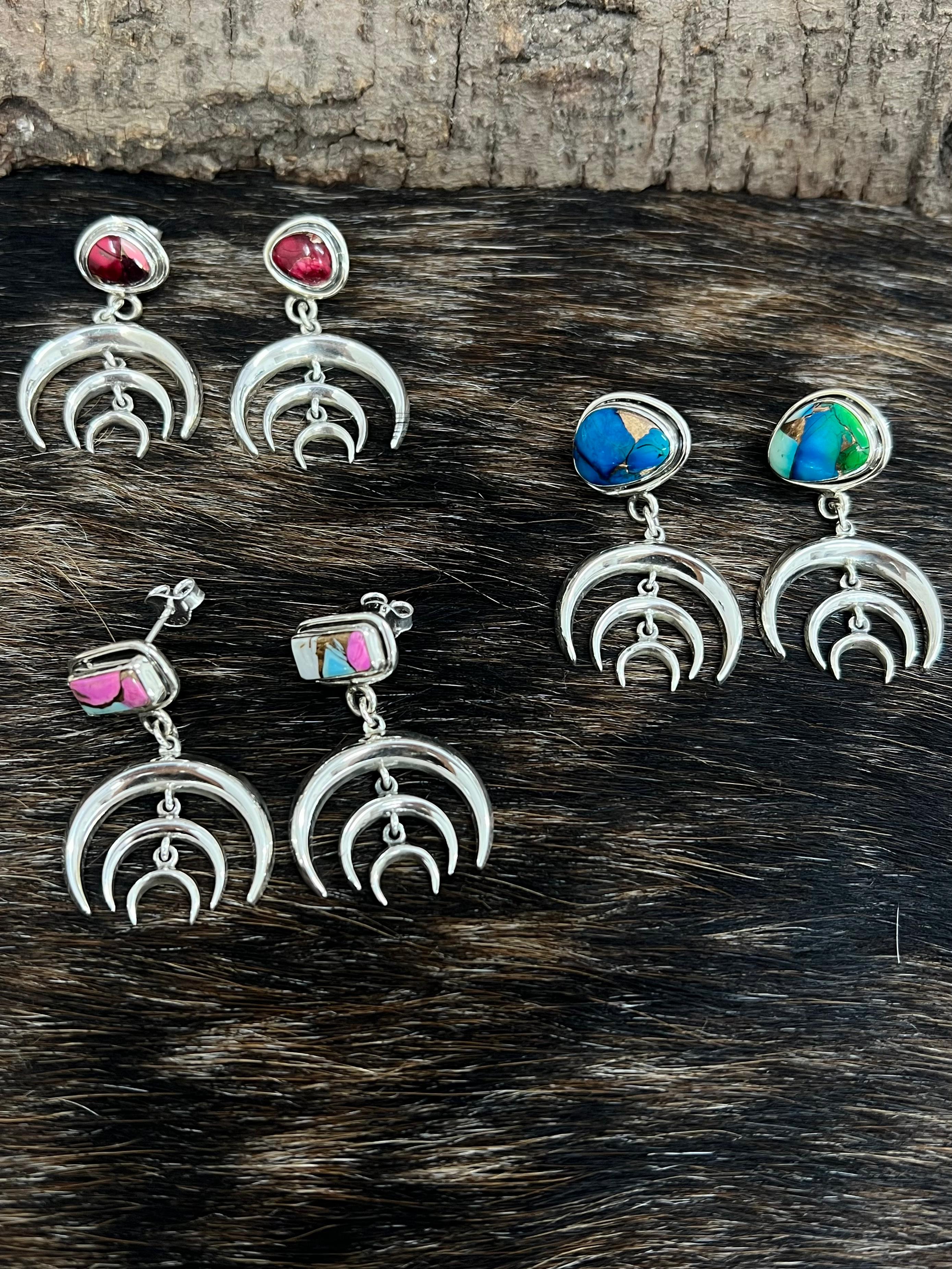 Handmade Sterling Silver Peacock Dahlia, Cotton Candy, Dahlia Rose Moon Shape Earrings, Signed Nizhoni