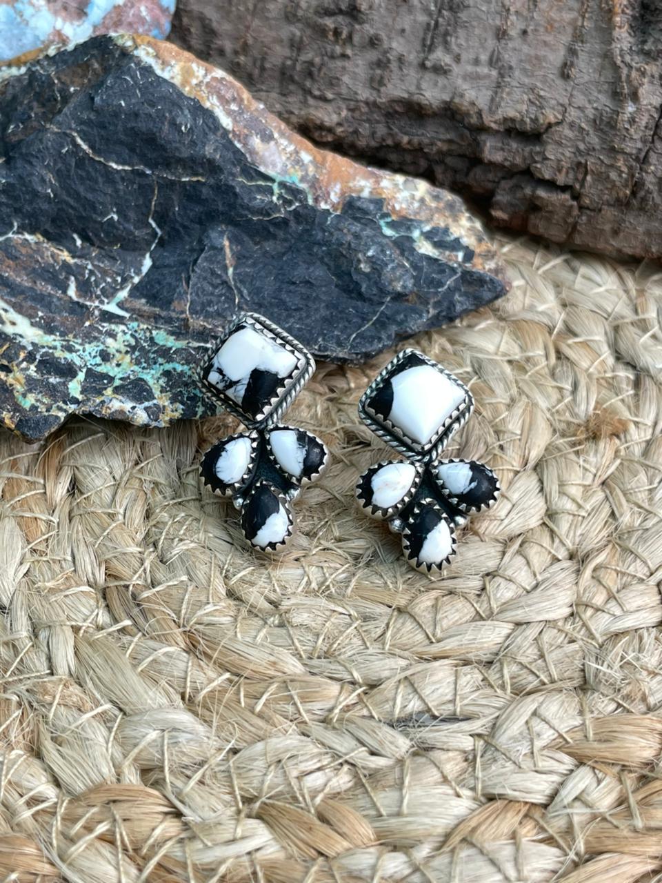Handmade Sterling Silver White Buffalo Post Studs Earrings "Signed Nizhoni"