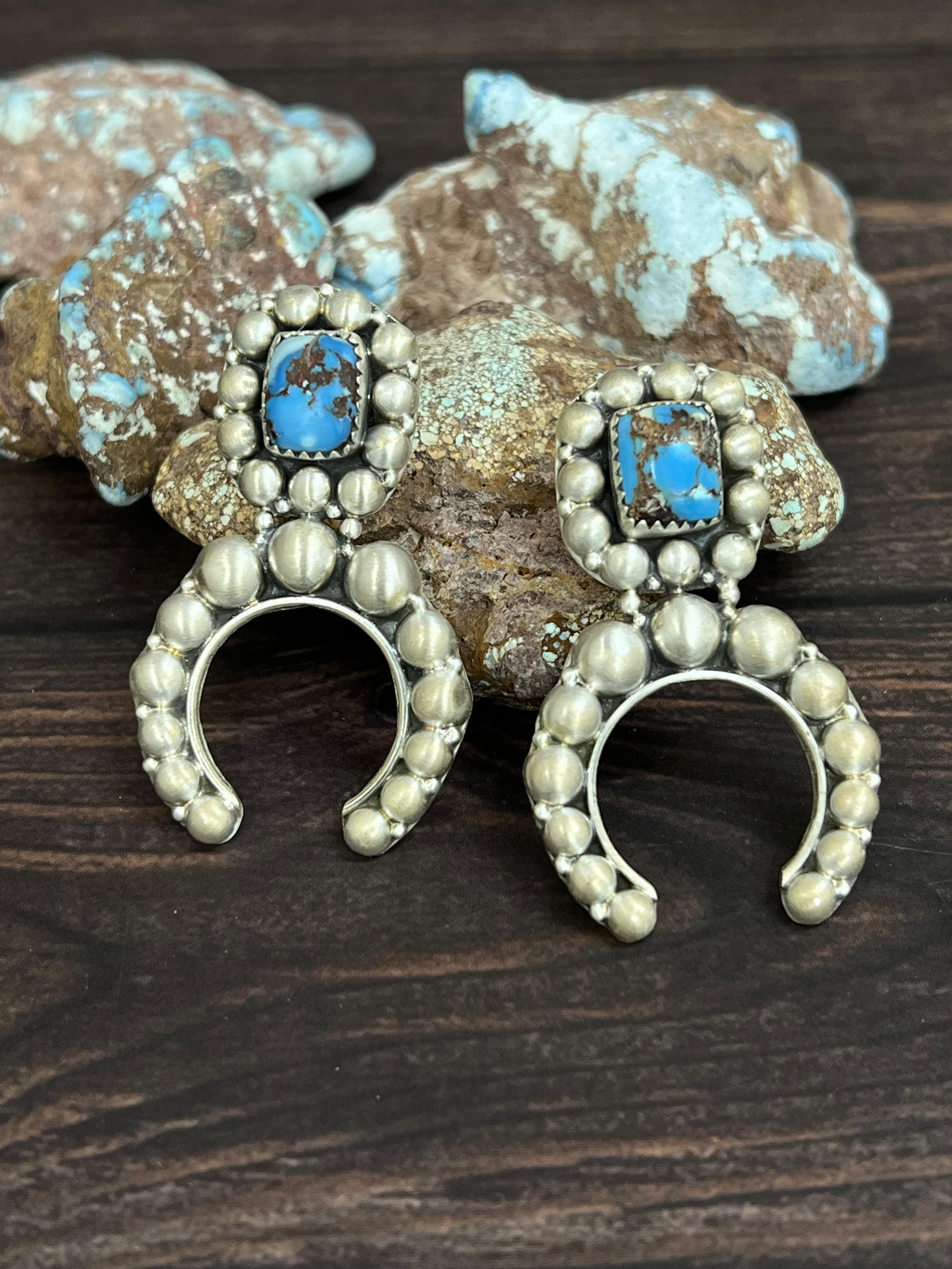 Handmade Sterling Silver Golden Hills Turquoise Post Dangle Earrings with Signed Nizhoni