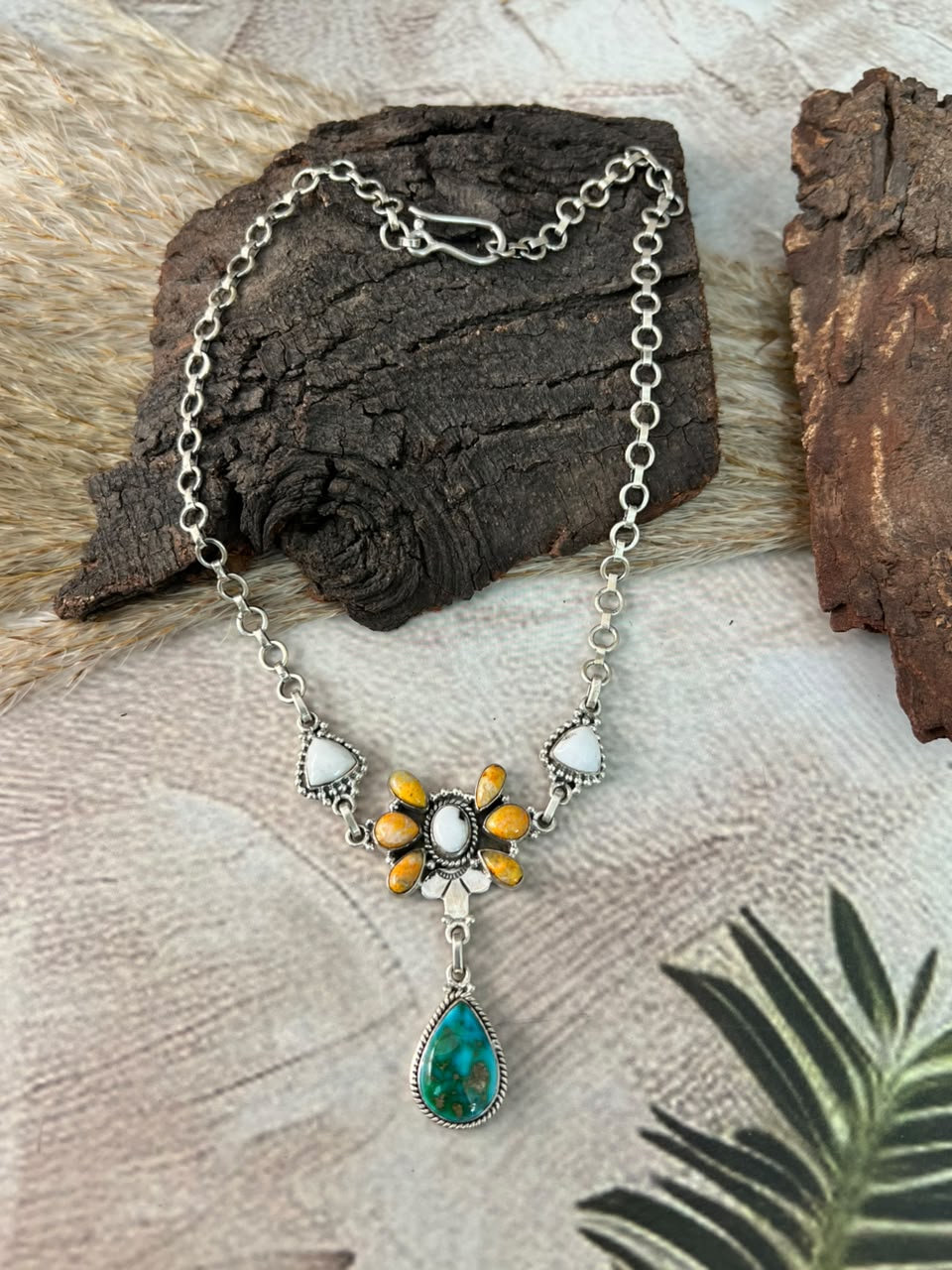 Handmade Sterling Silver Sonoran Mountain Turquoise with Bumblebee and White Buffalo Spring Collection: Choker Necklace Signed Nizhoni