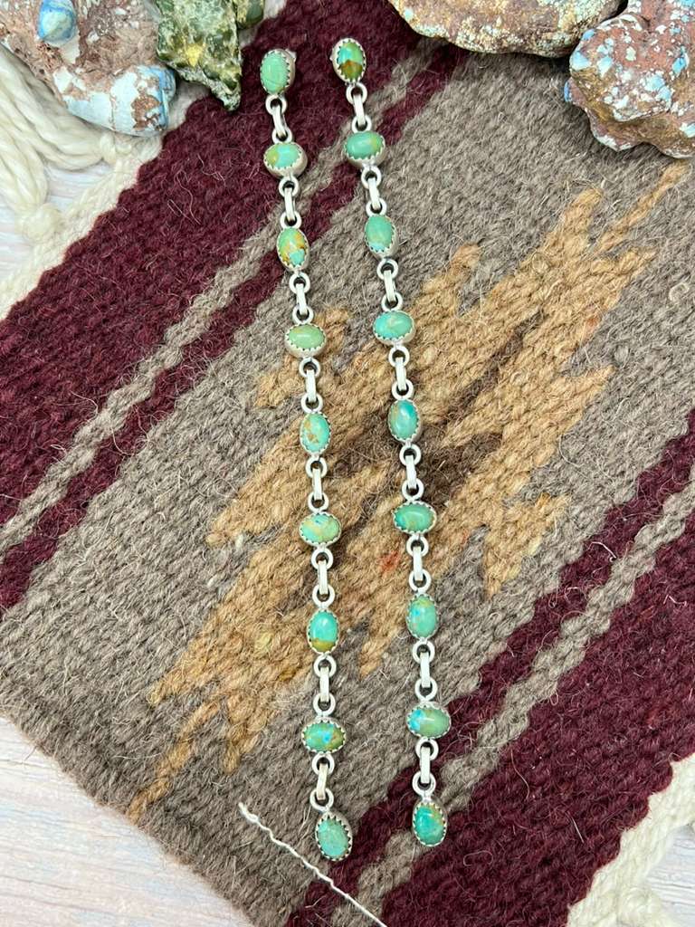 Handmade Sterling Silver Kingman Turquoise Post Dangle Earrings "Signed Nizhoni"