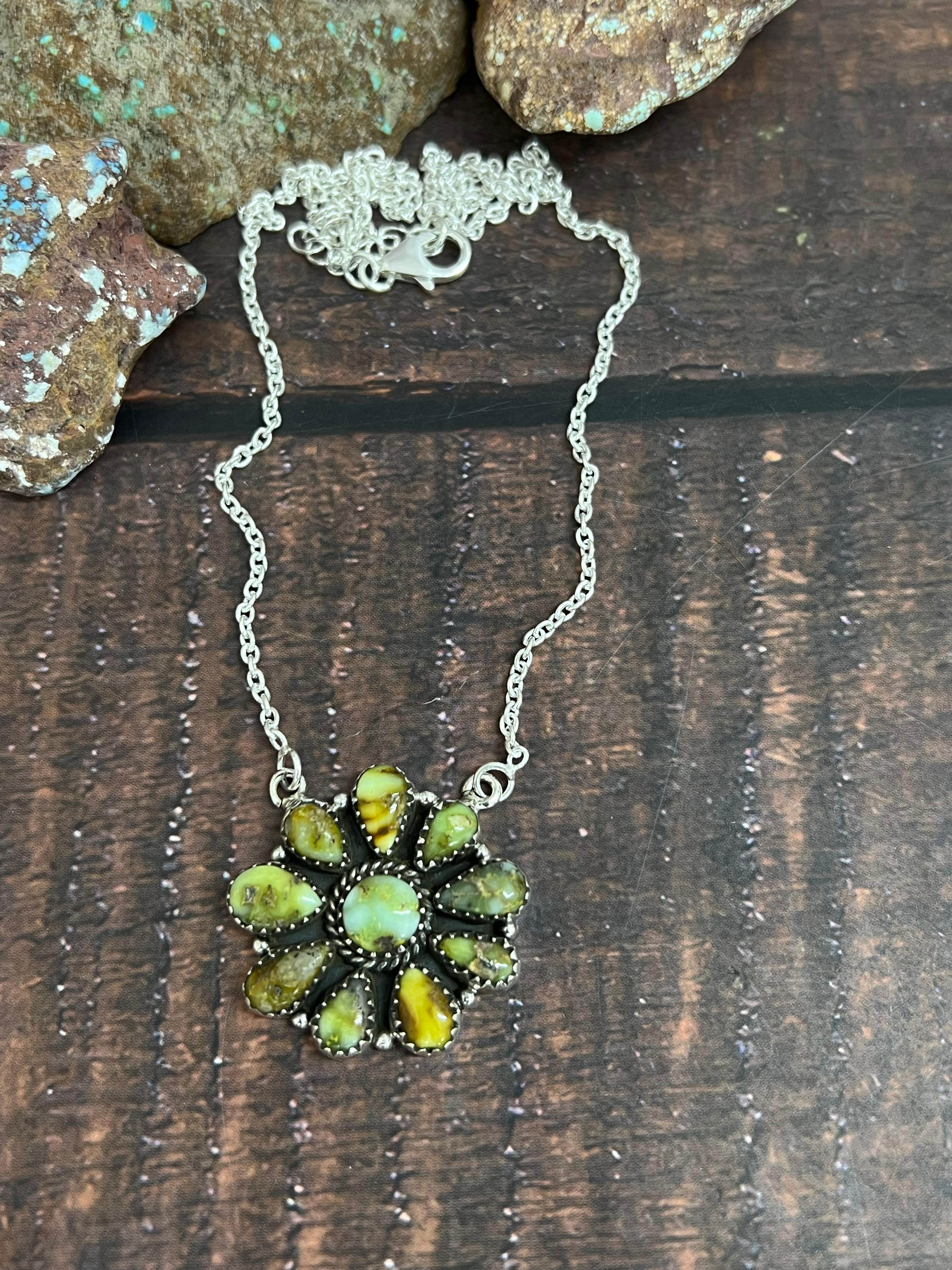 Handmade Sterling Silver Palomino Turquoise Necklace with Signed Nizhoni