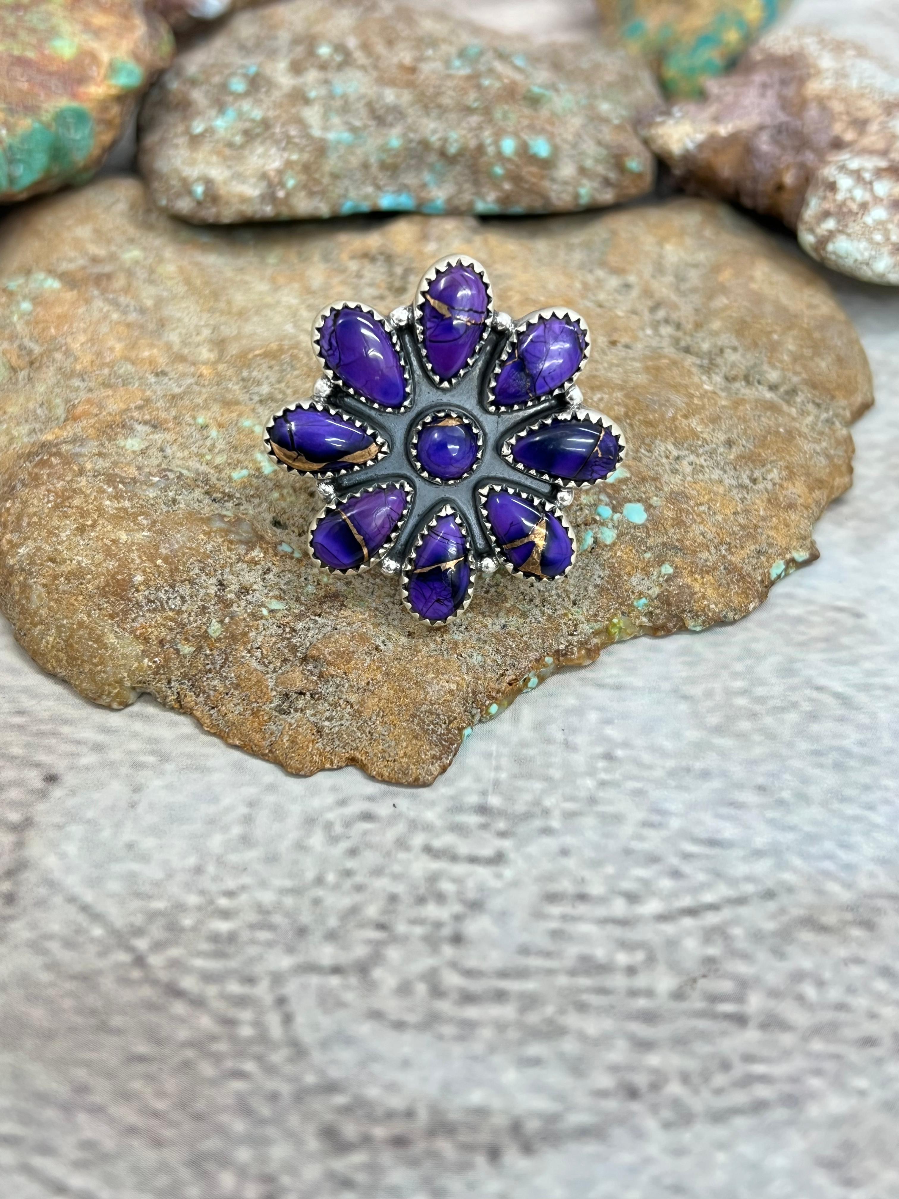 Handmade Sterling Silver Grape Dahlia Adjustable Ring with Signed Nizhoni