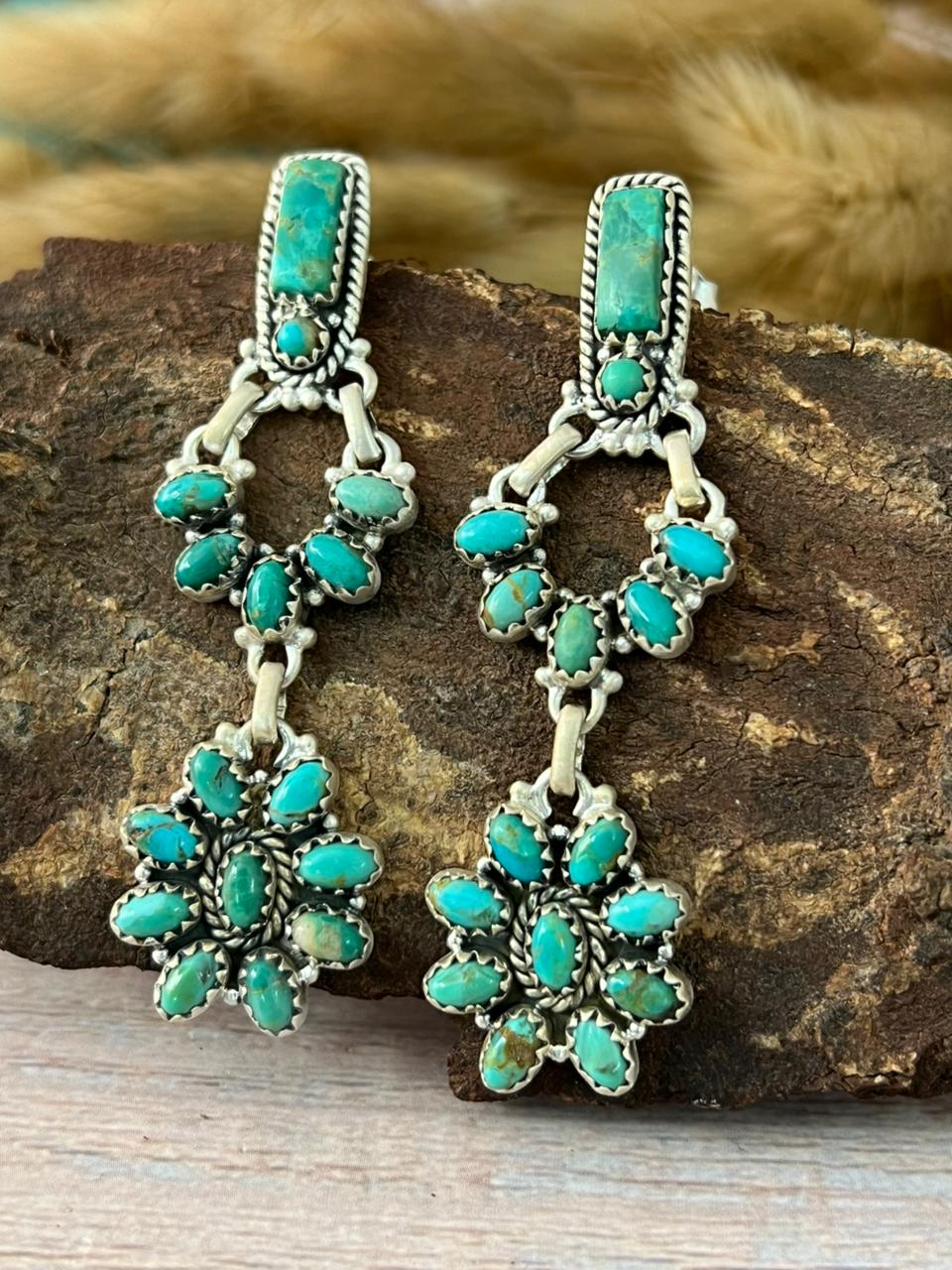Handmade Sterling Silver Kingman Turquoise Post Dangle Earrings "Signed Nizhoni"
