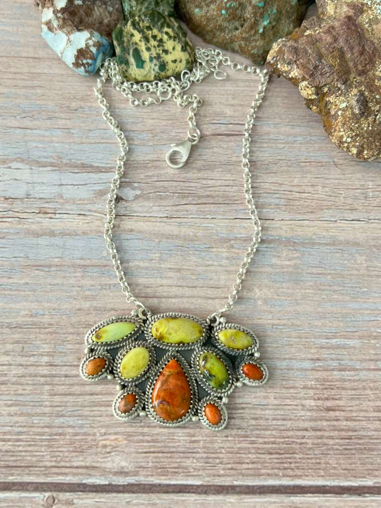 Handmade Sterling Silver Apple Coral and Palomino Necklace "Signed Nizhoni"