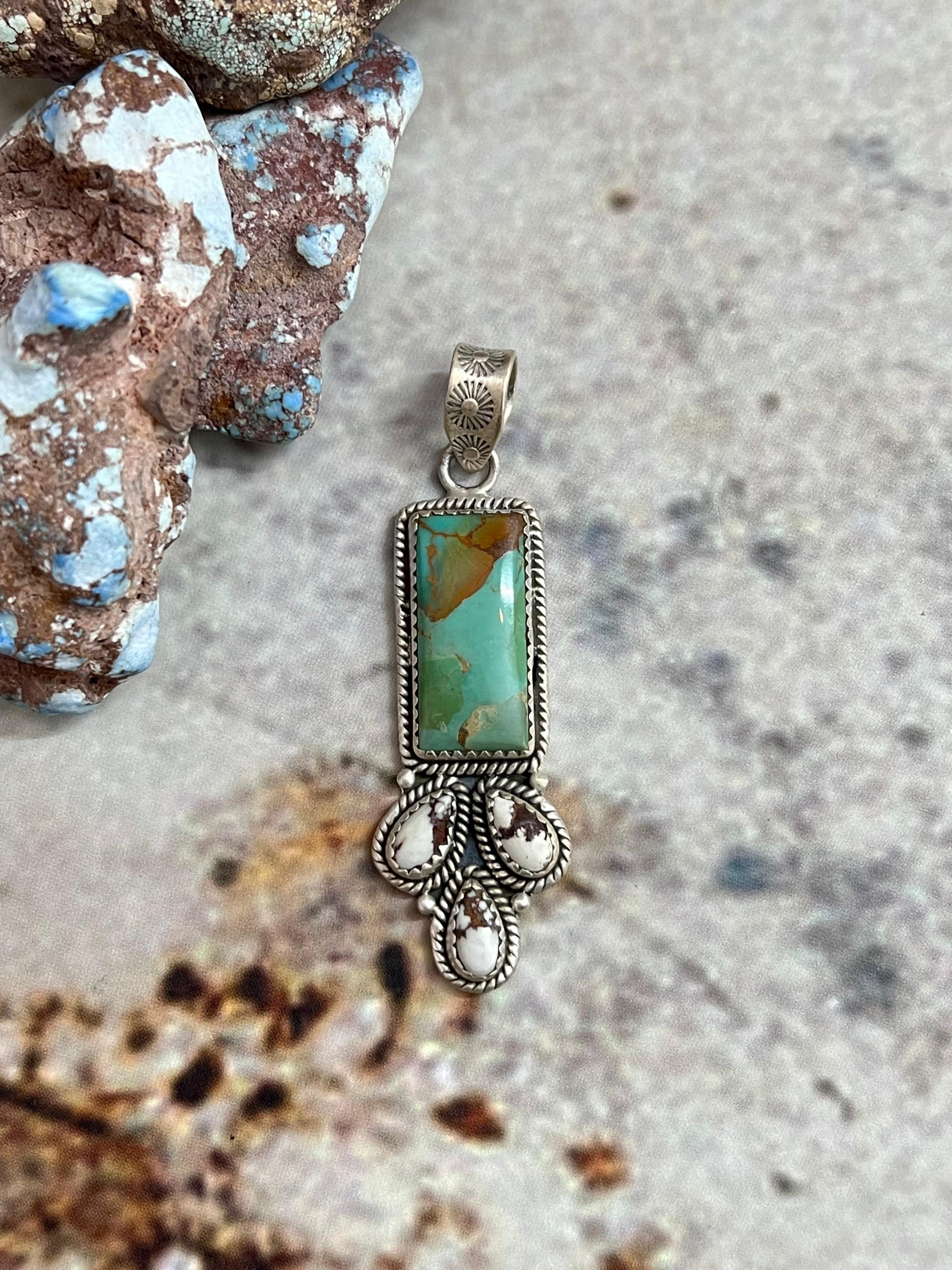 Handmade Sterling Silver Kingman Turquoise Pendant with Signed Nizhoni