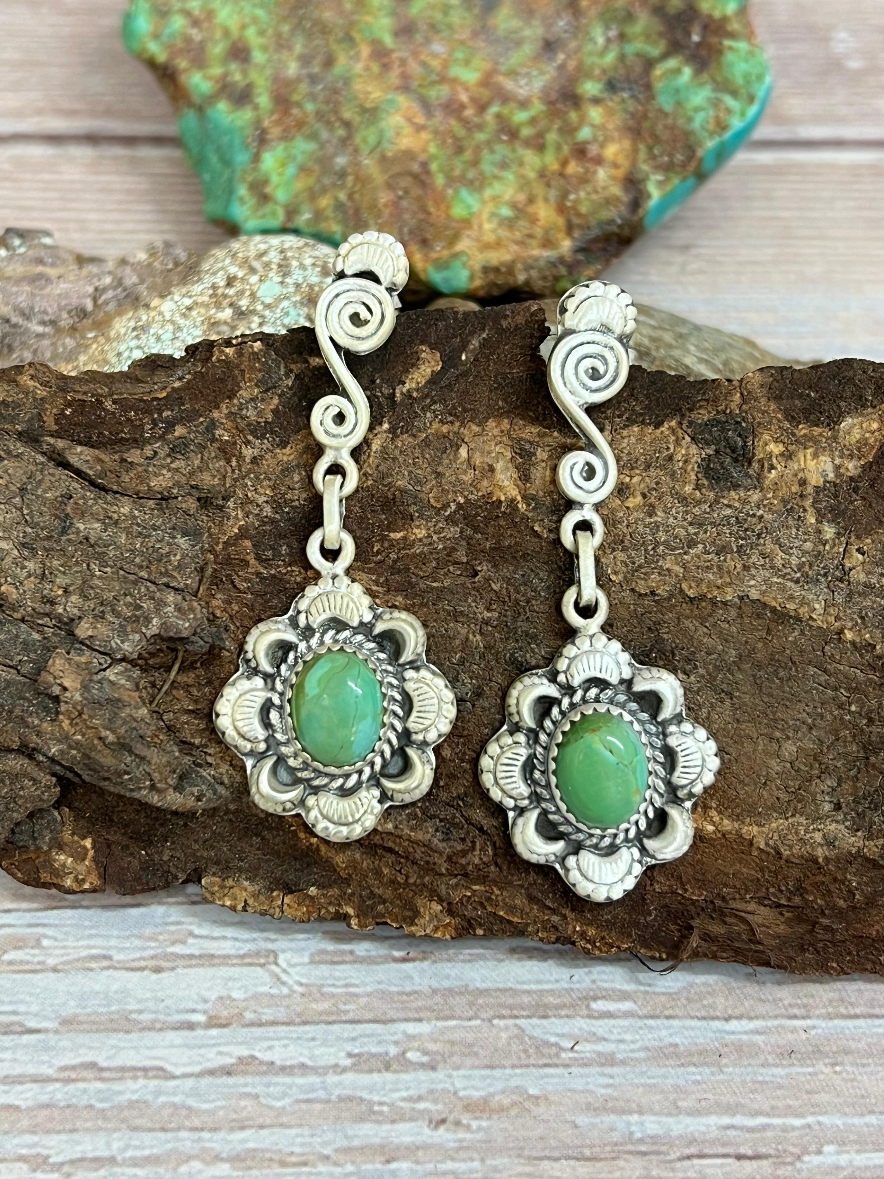 Handmade Sterling Silver Kingman Turquoise Post Dangle Earrings with Signed Nizhoni