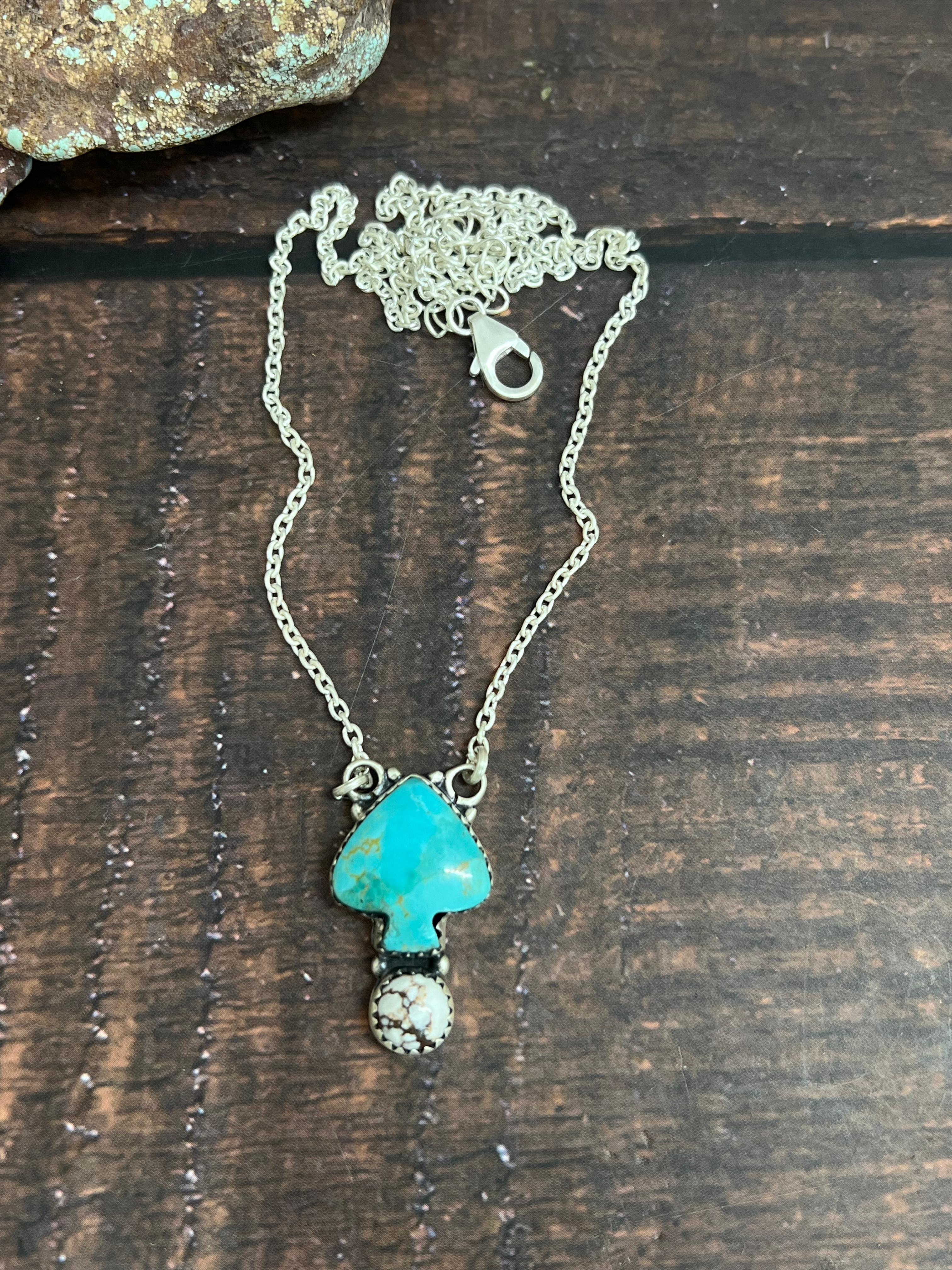 Handmade Sterling Silver Kingman, Wild Horse Turquoise Necklace with Signed Nizhoni