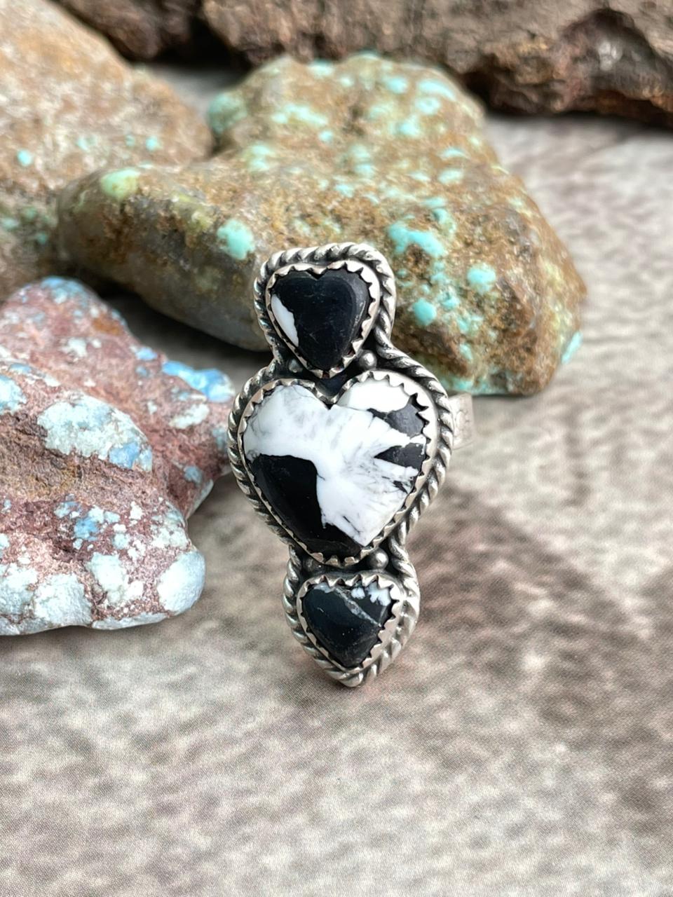 Handmade Sterling Silver White Buffalo Heart Shape Adjustable Ring with Signed Nizhoni