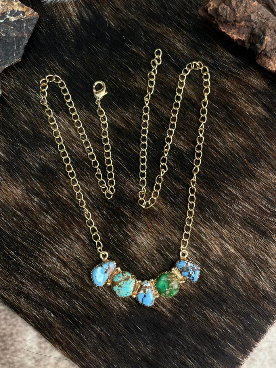 “The Golden Collection” Handmade Natural Golden Hills, Sonoran and Number 8 Turquoise Gold Plated Necklace