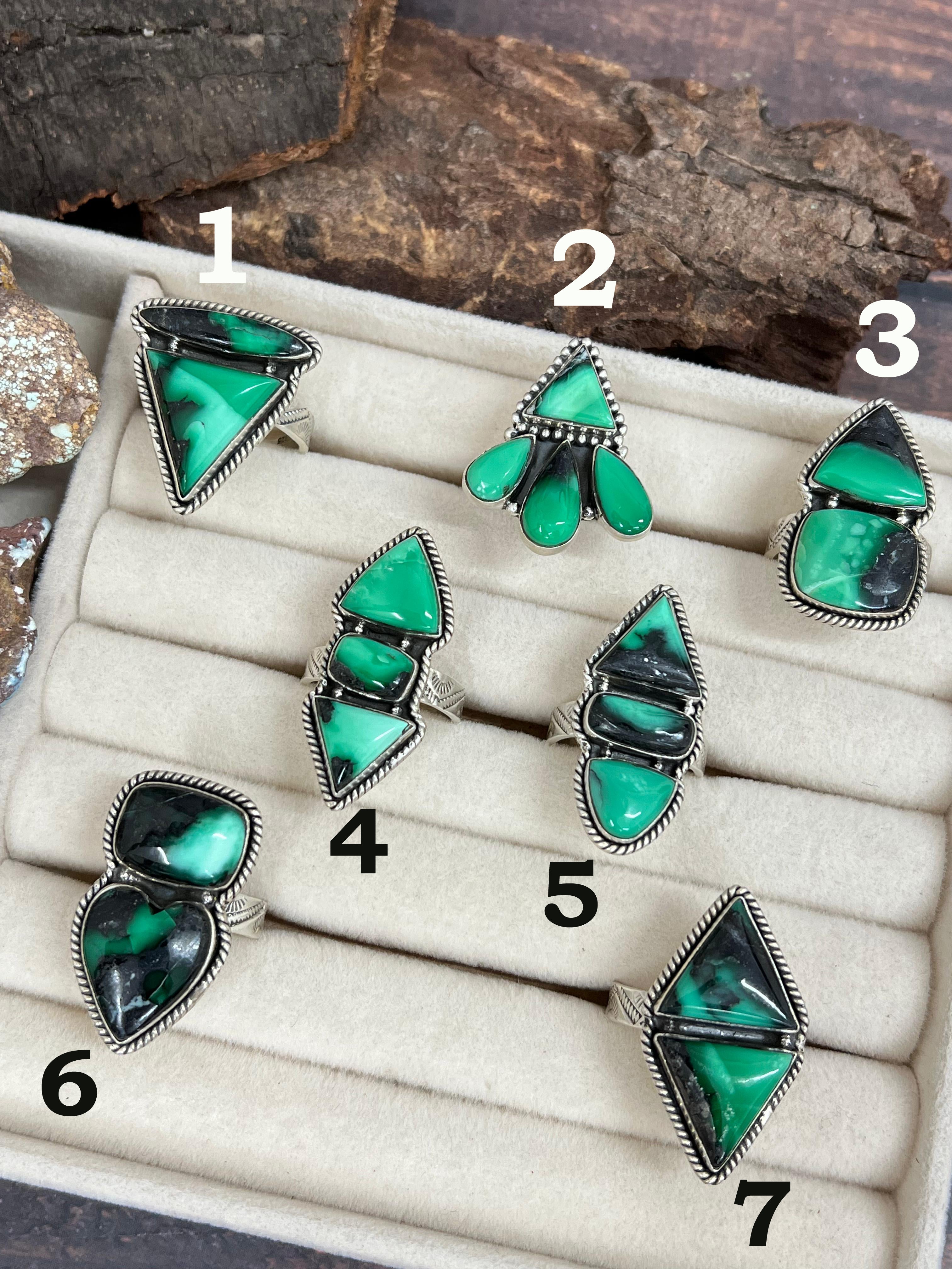 Handmade Sterling Silver Emerald Rose Variscite Adjustable Ring Signed Nizhoni