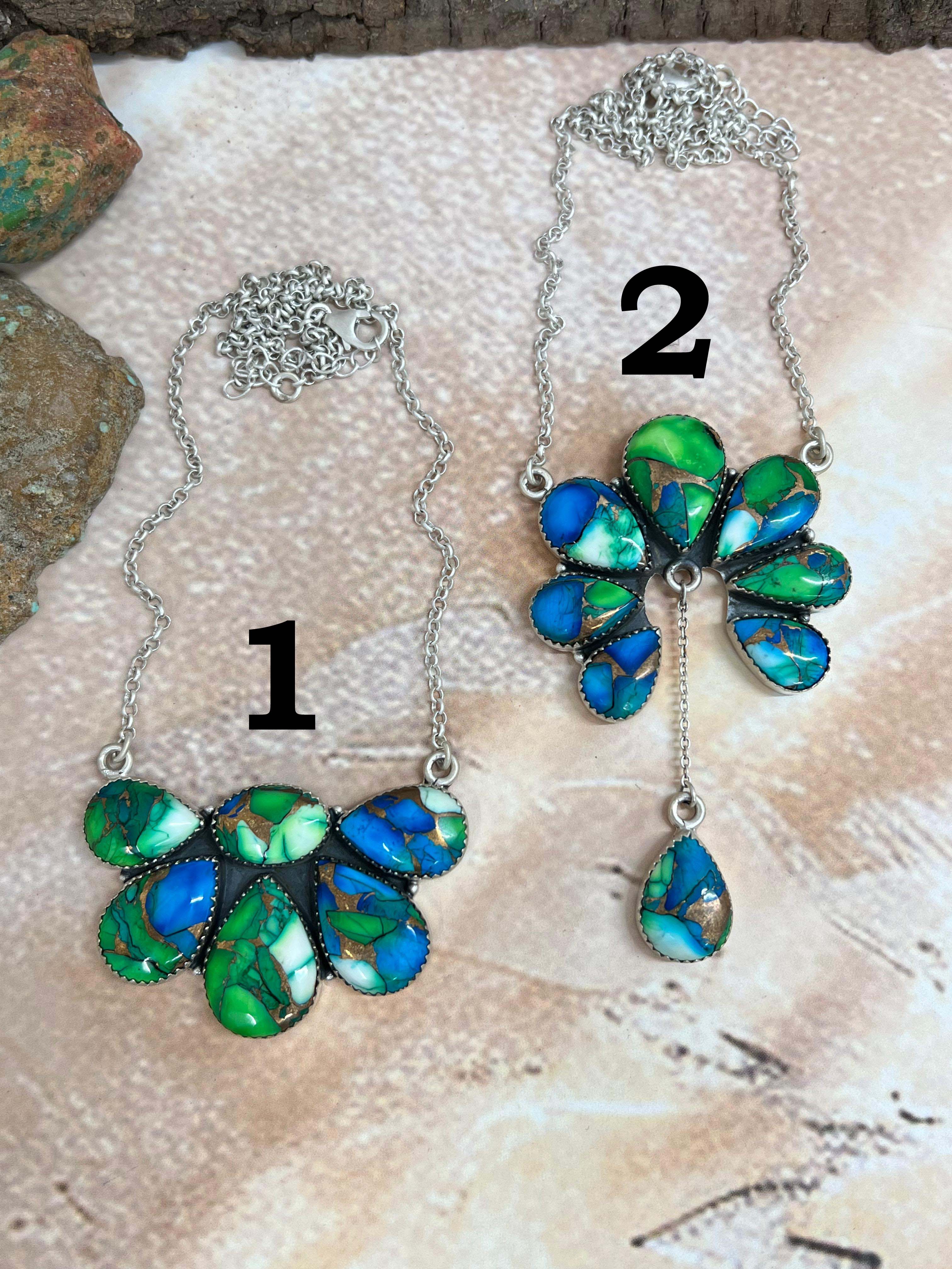 Handmade Sterling Silver Peacock Dahlia Necklace with Signed Nizhoni