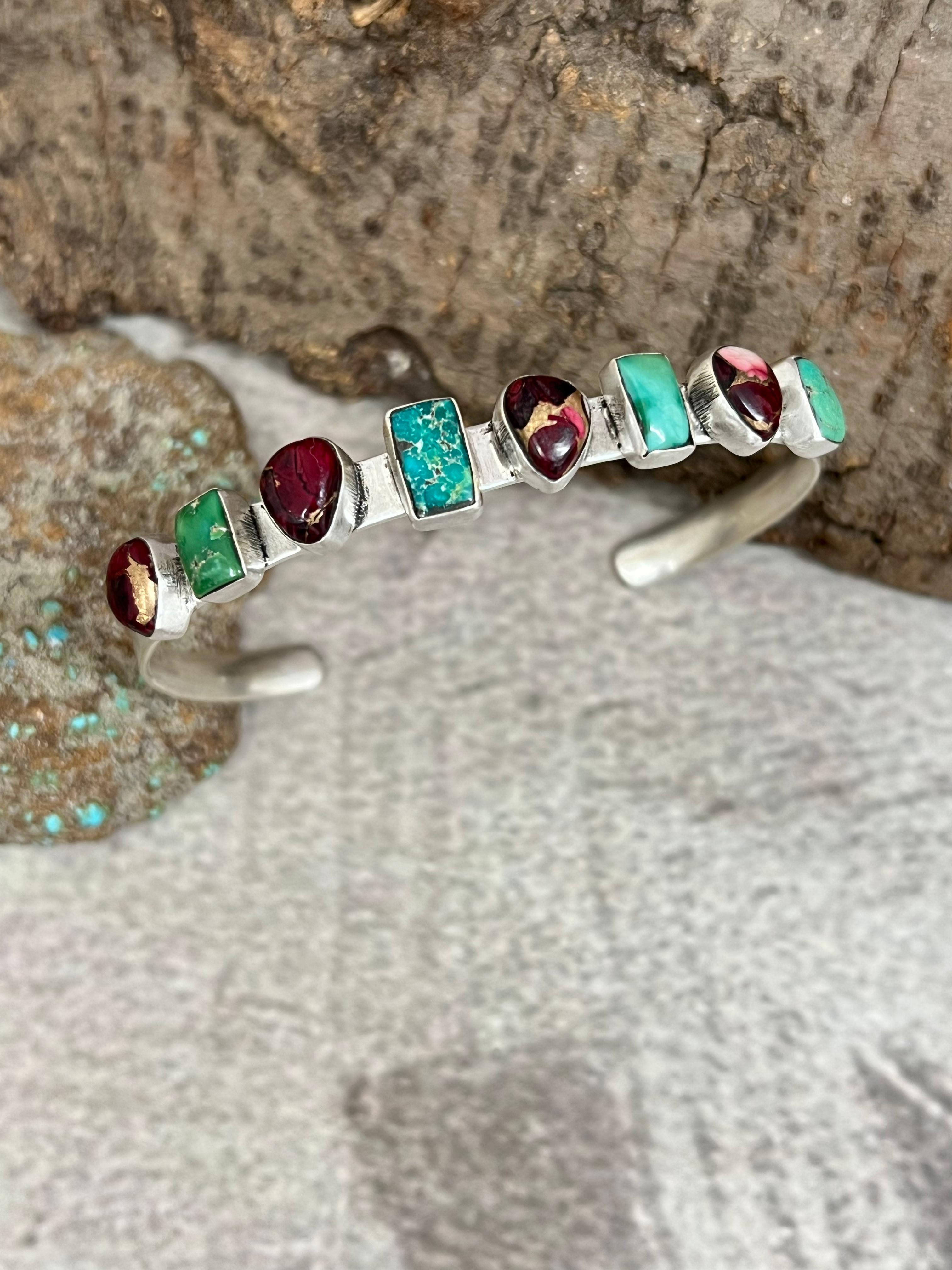 Handmade Sterling Silver Dahlia Rose with South Hill Turquoise Bracelet, Signed Nizhoni (2)