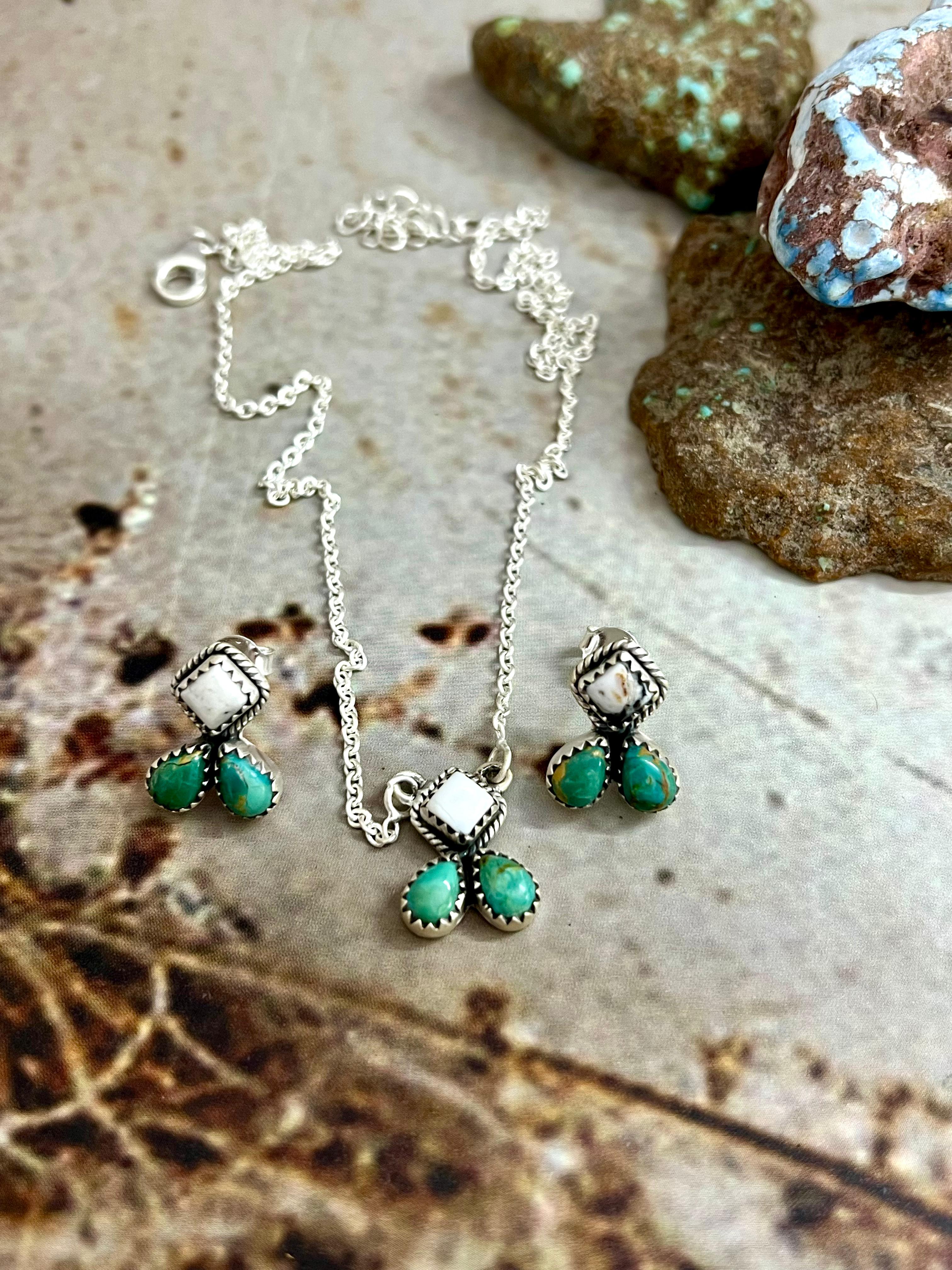 Handmade Sterling Silver White Buffalo with Kingman Necklace Earrings Set, Signed Nizhoni