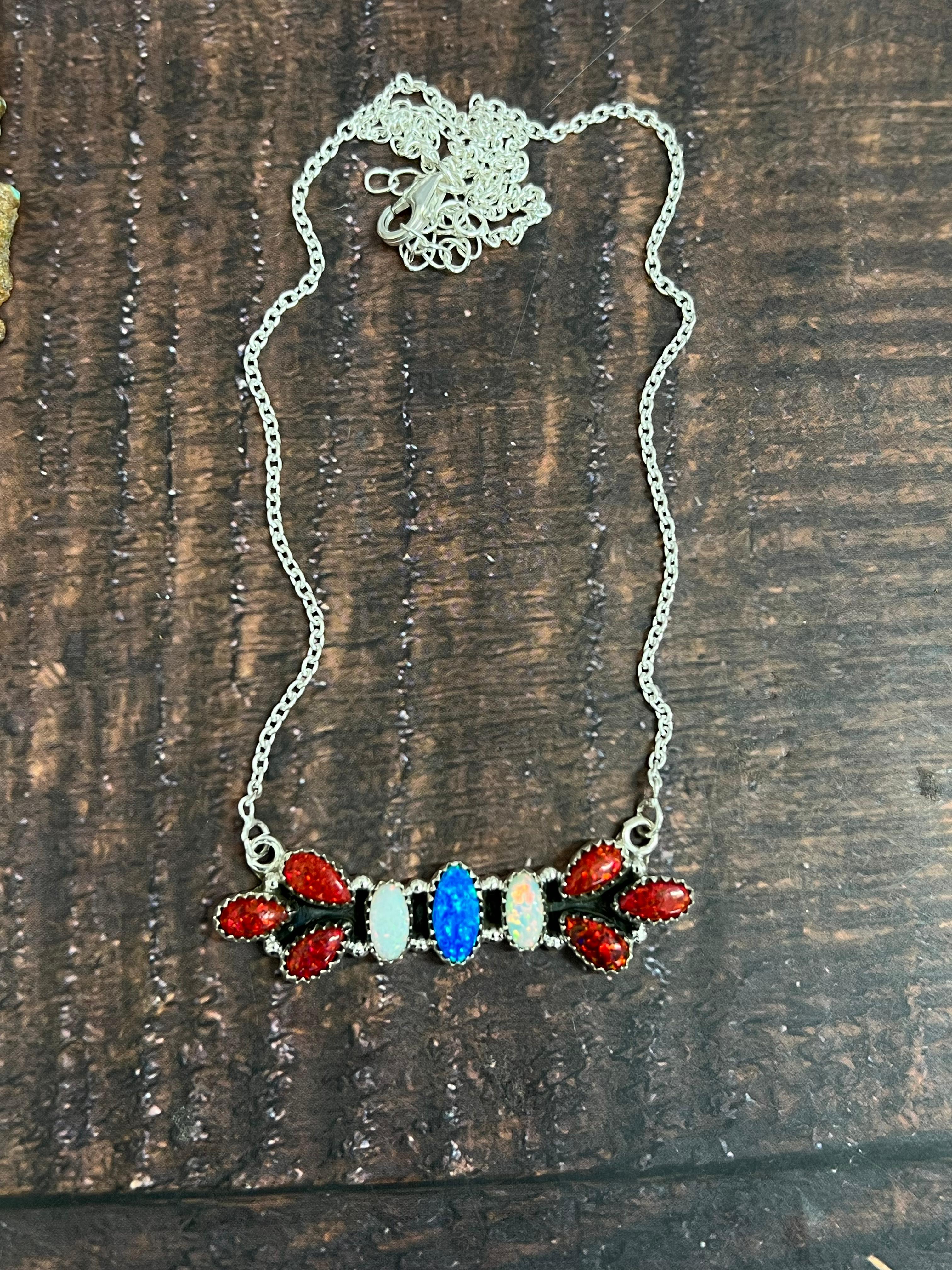 ** 4TH OF JULY ** Handmade Sterling Silver Synthetic Opal Necklace with Signed Nizhoni