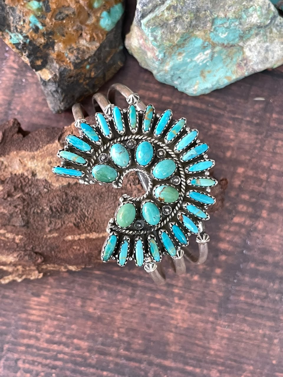 Handmade Sterling Silver Kingman Turquoise Naja Cuff Bracelet Signed Nizhoni (5)