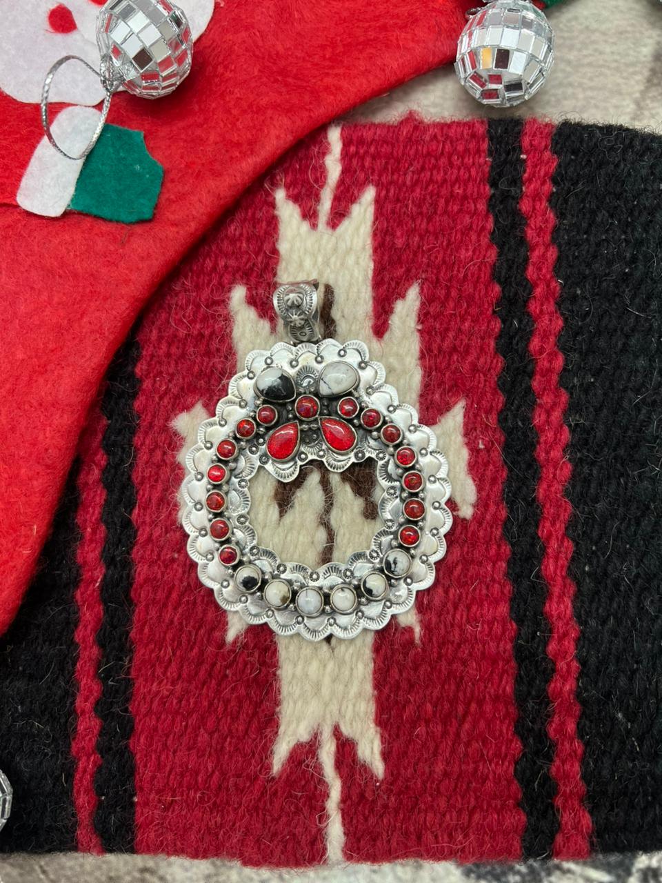 "Christmas Collection" Handmade Sterling Silver Red Opal with White Buffalo Pendant " Signed Nizhoni"