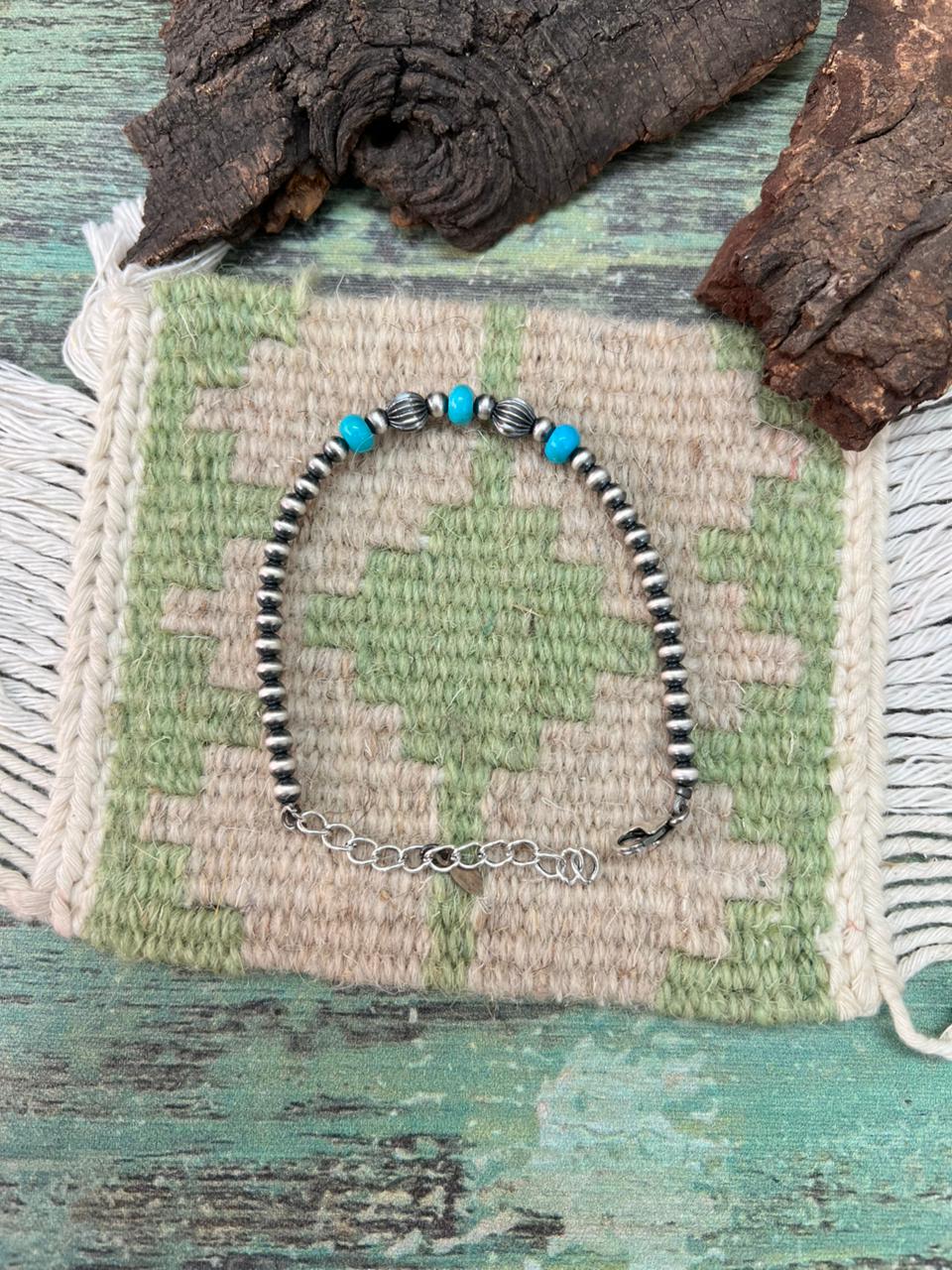 Handmade Sterling Silver Kingman Turquoise Beaded Bracelet "Signed Nizhoni"