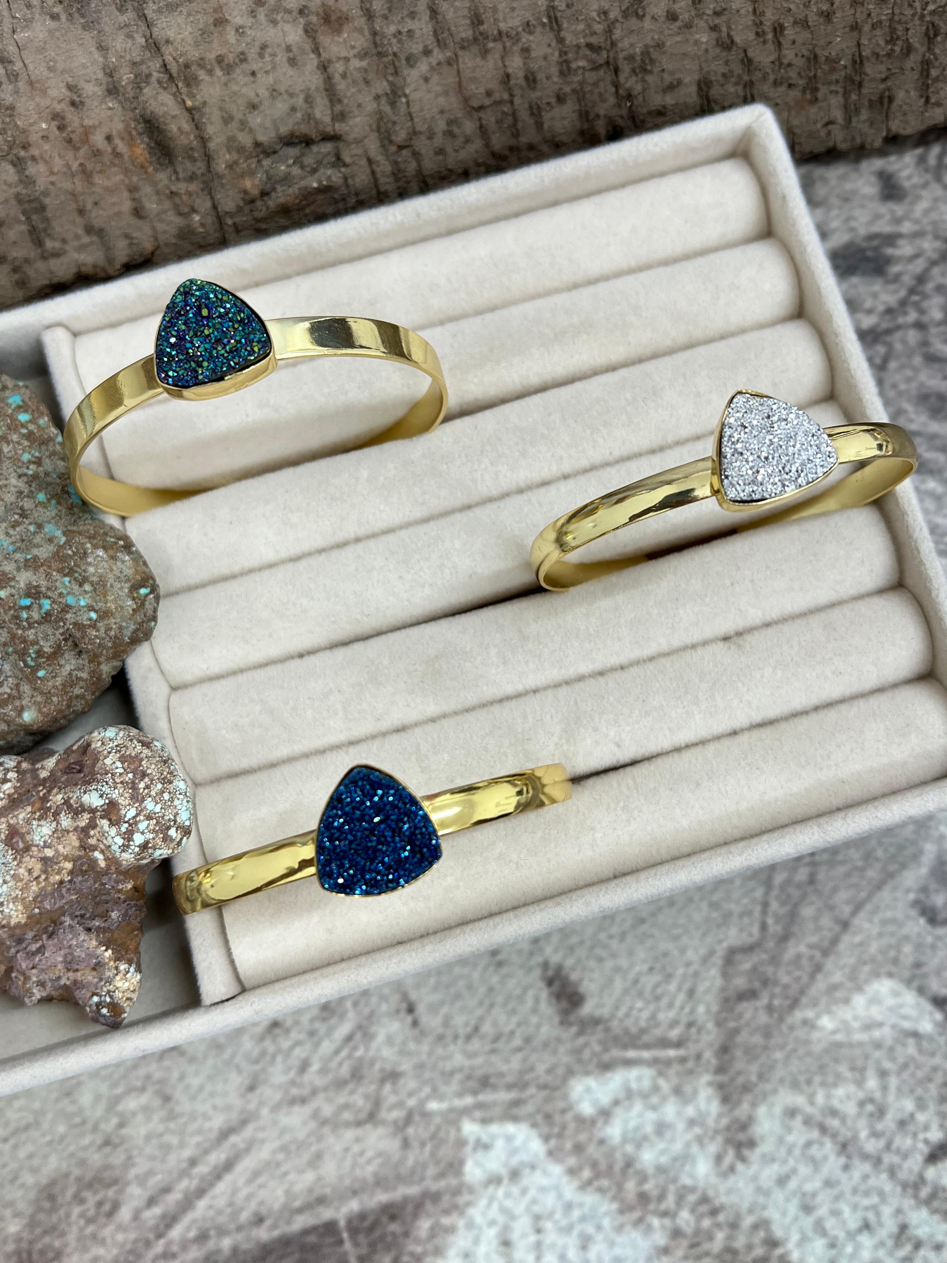 “The Boho Collection” Handmade Natural Gold Plated Druzy Thin Cuff Bracelet