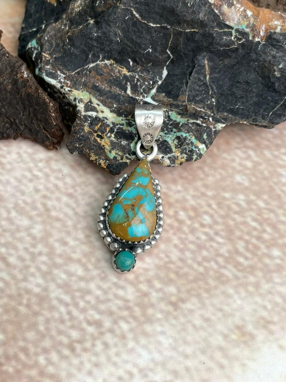 Added Handmade Sterling Silver Royston with Kingman Turquoise Pendant "Signed Nizhoni"