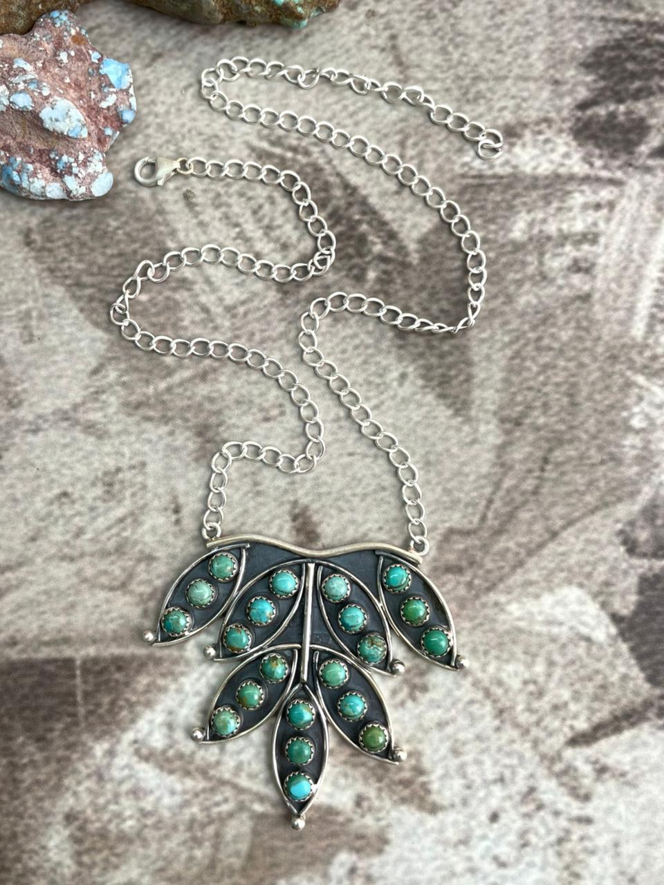 Handmade Sterling Silver Kingman Turquoise Necklace with Signed Nizhoni