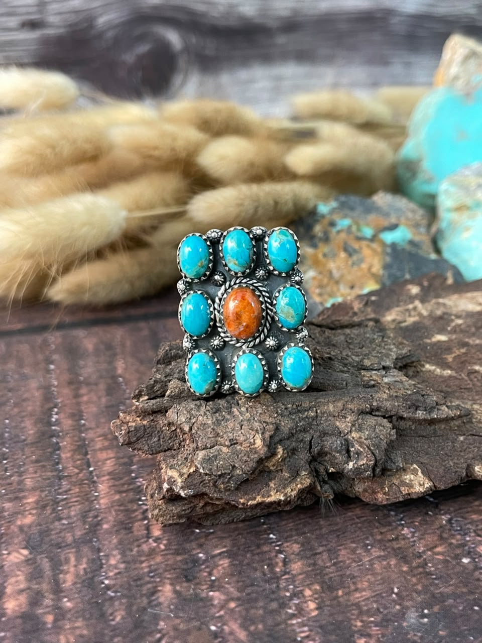 Handmade Sterling Silver Orange Mojave with Kingman Turquoise Adjustable Ring Signed Nizhoni