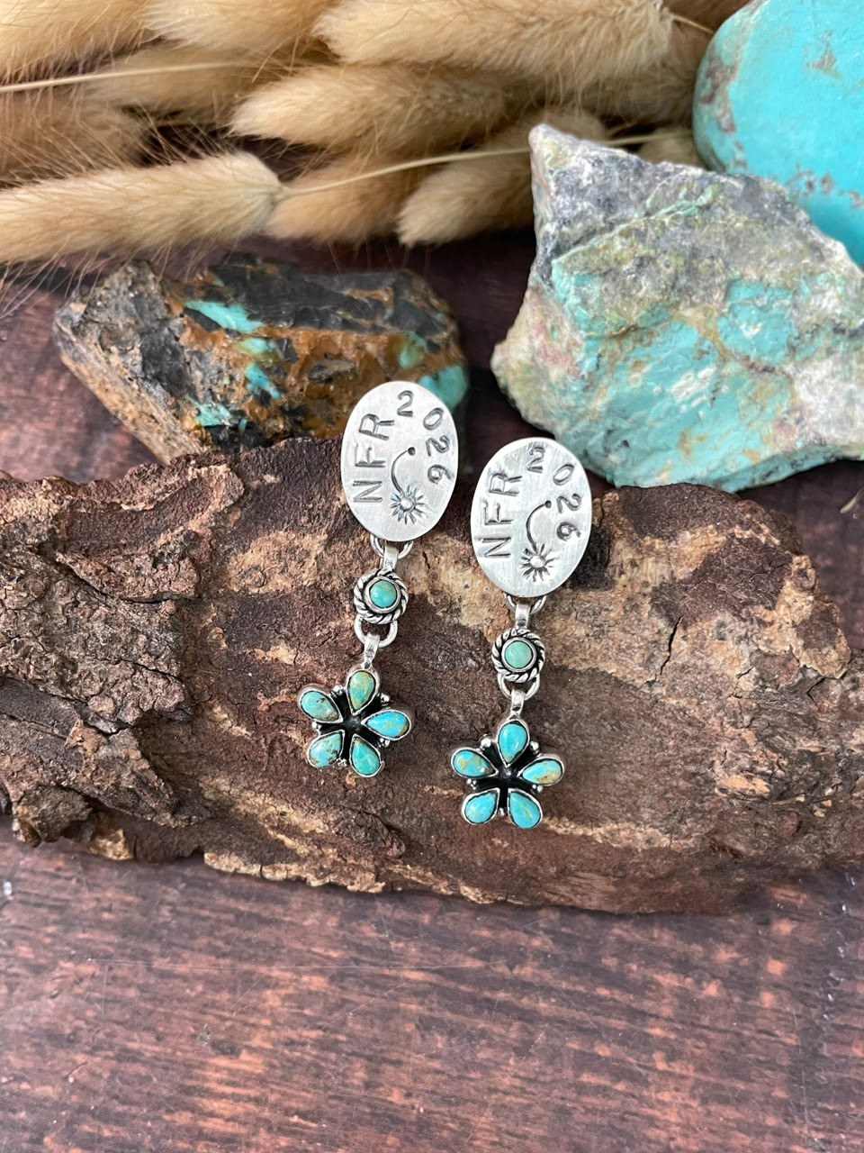 Handmade Sterling Silver Kingman Turquoise NFR Collection: Post Dangle Earrings Signed Nizhoni