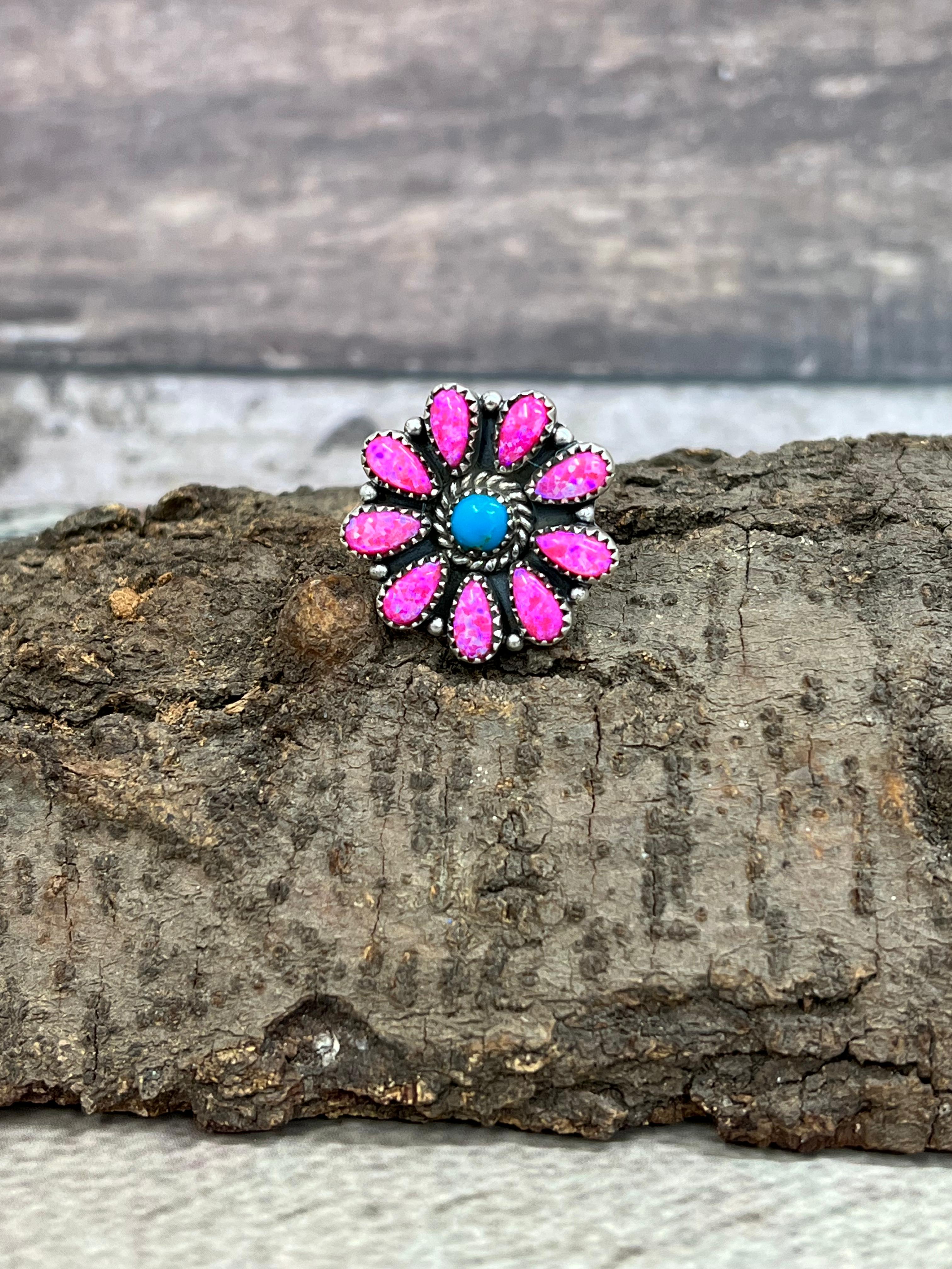 Handmade Sterling Silver Hot Pink with Kingman Turquoise Adjustable Cluster Flower Ring with Signed Nizhoni (6)