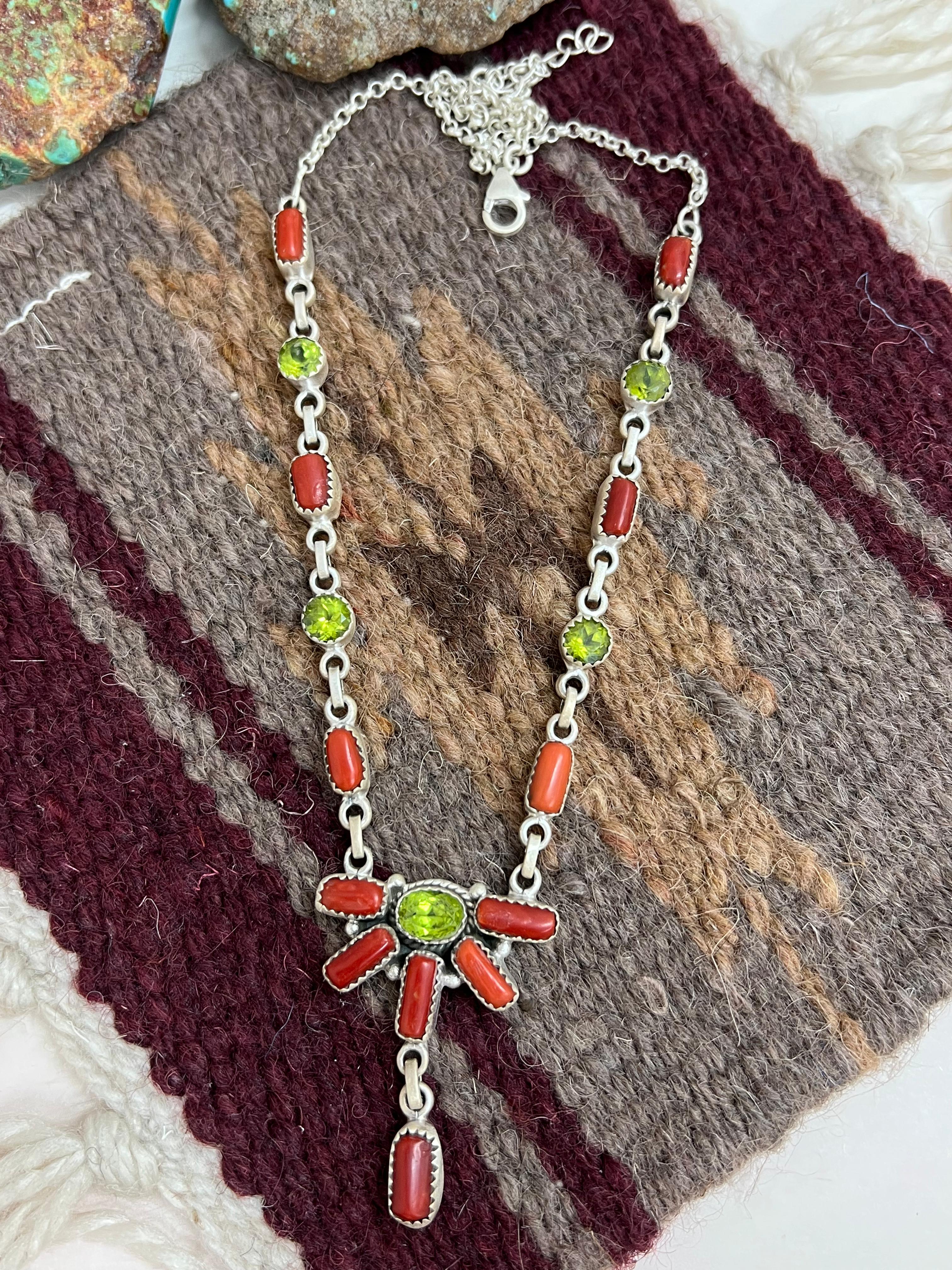 Christmas Collection Handmade Sterling Silver Coral with Peridot Necklace with Signed Nizhoni