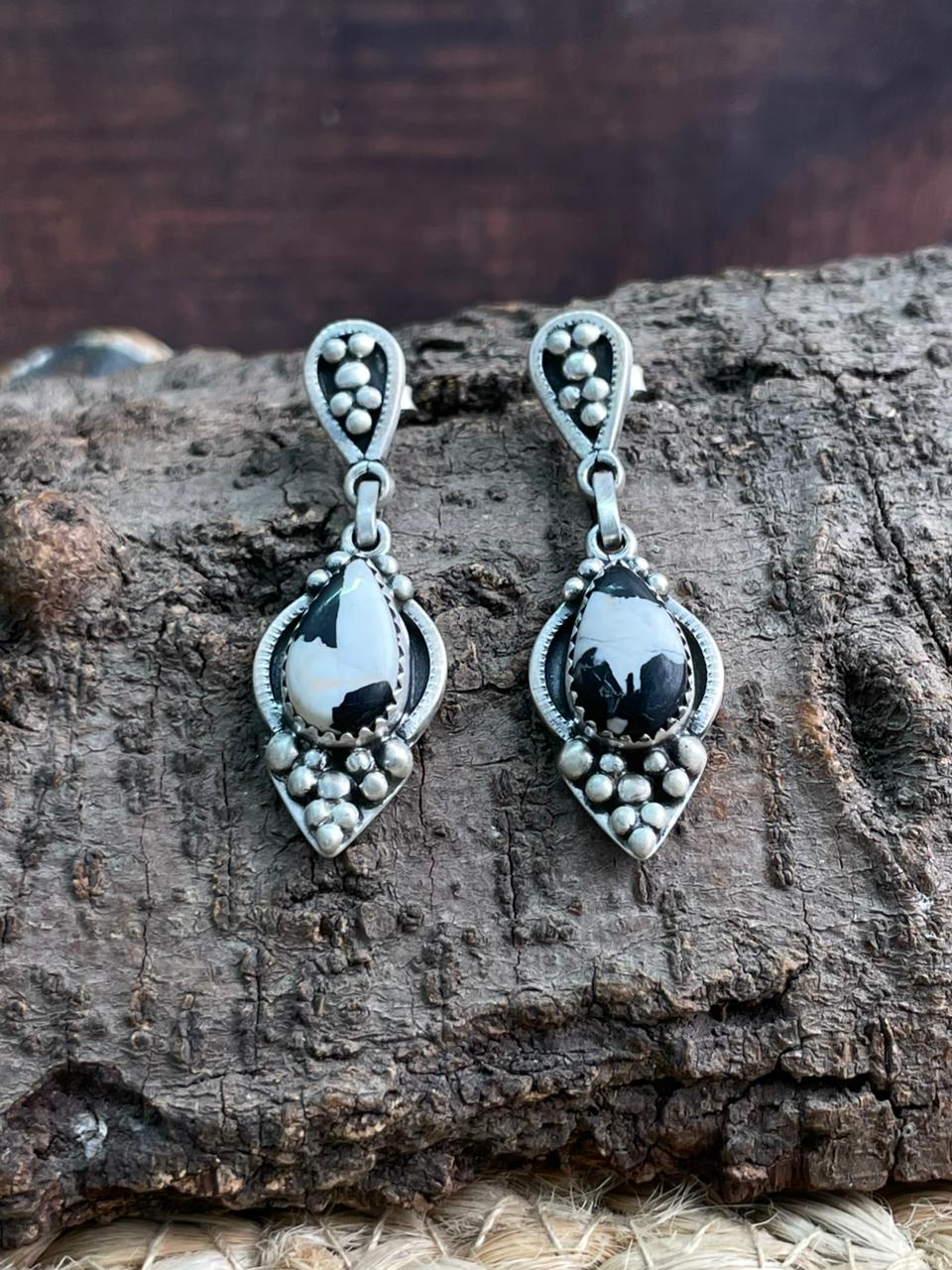 Handmade Sterling Silver White Buffalo Post Dangle Earrings "Signed Nizhoni"