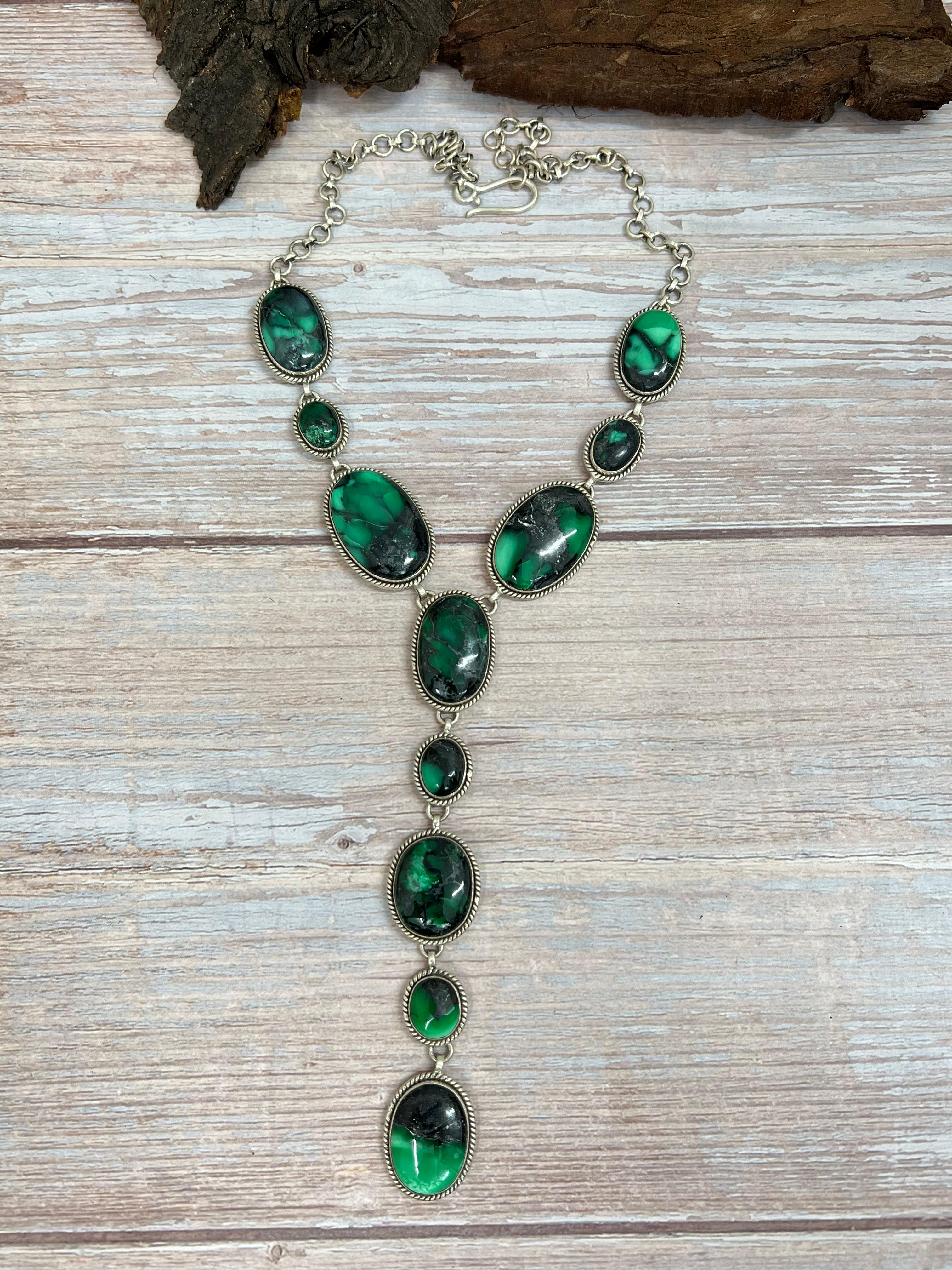 Handmade Sterling Silver Emerald Rose Necklace with Signed Nizhoni