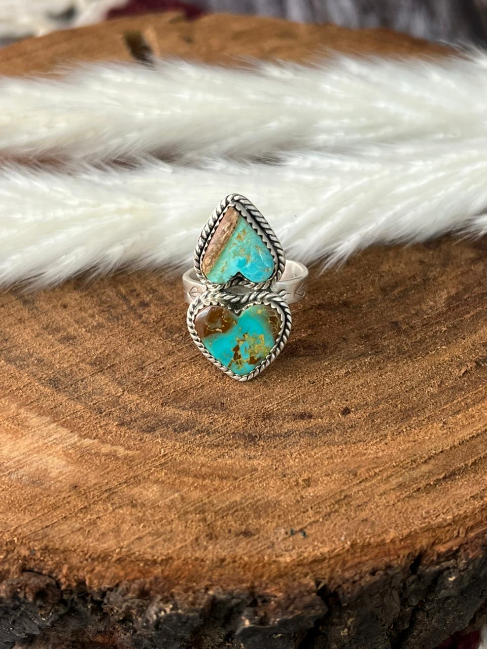 Handmade Sterling Silver Royston Ribbon Turquoise Adjustable Ring "Signed Nizhoni"