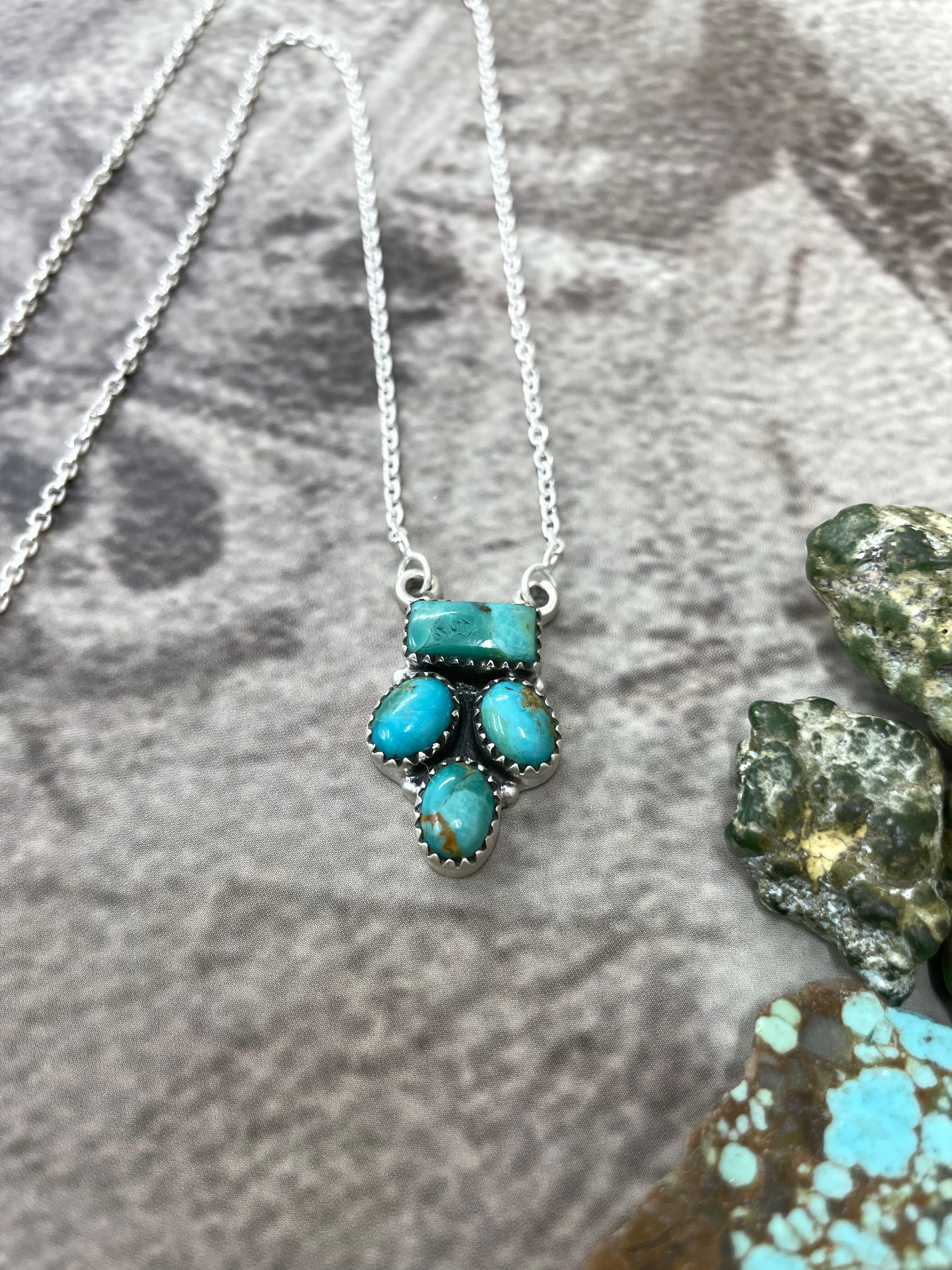 Handmade Sterling Silver Kingman Turquoise Necklace with Signed Nizhoni