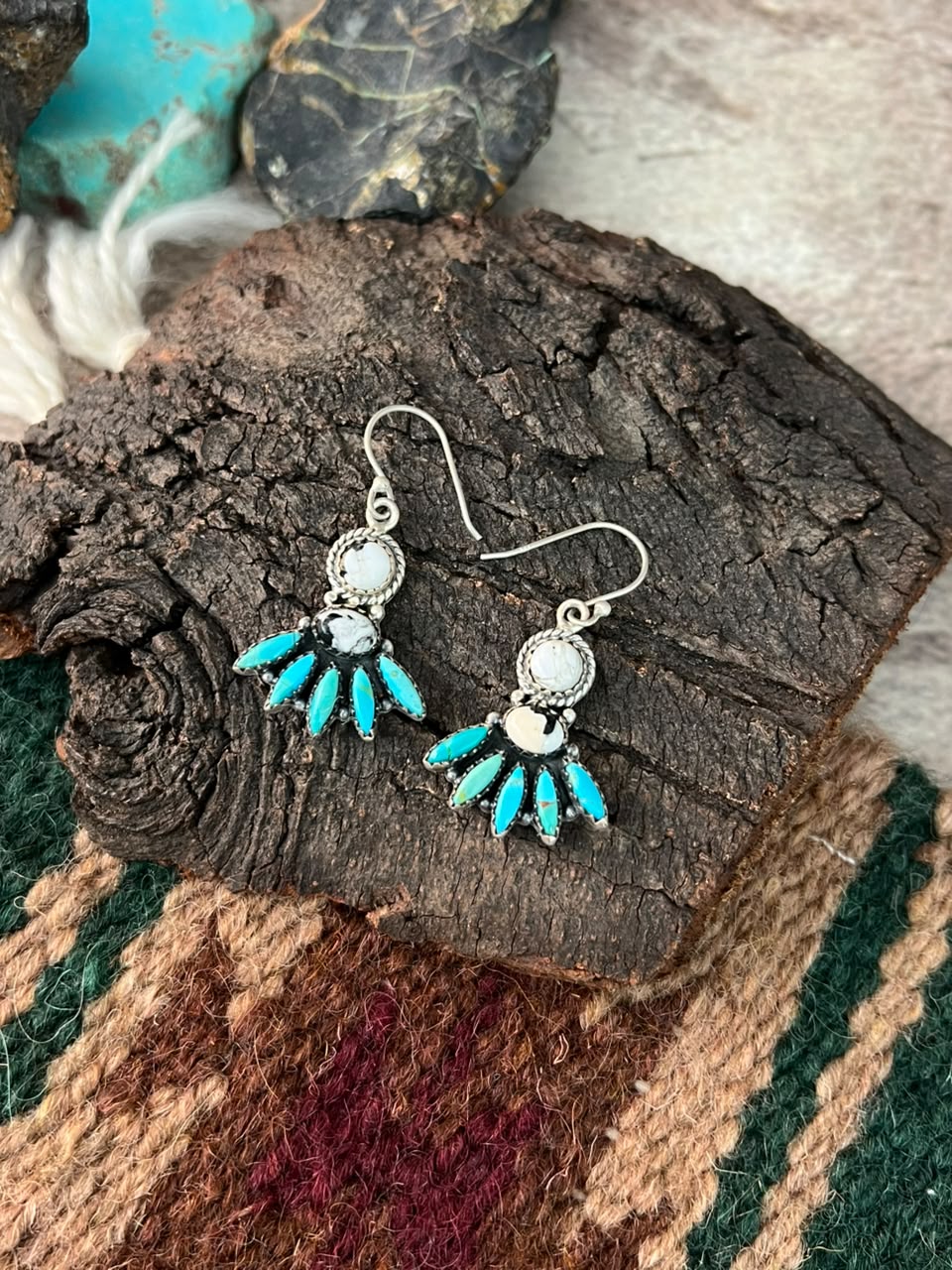 Handmade Sterling Silver Kingman Turquoise with White Buffalo Hook Dangle Earrings Signed Nizhoni